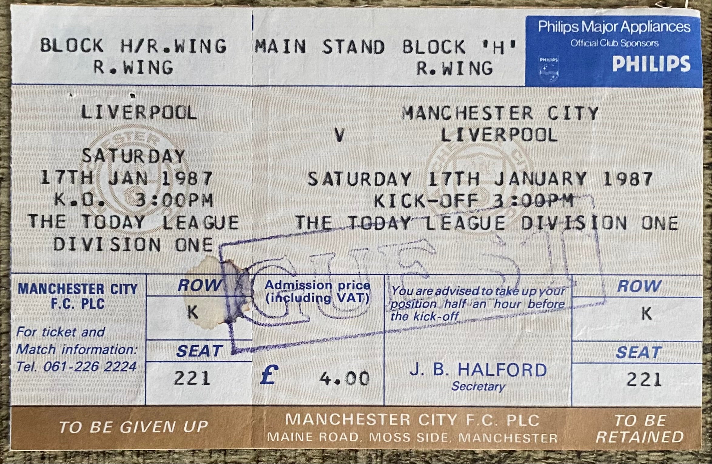 1986/87 ORIGINAL DIVISION ONE UNUSED TICKET MANCHESTER CITY V LIVERPOOL