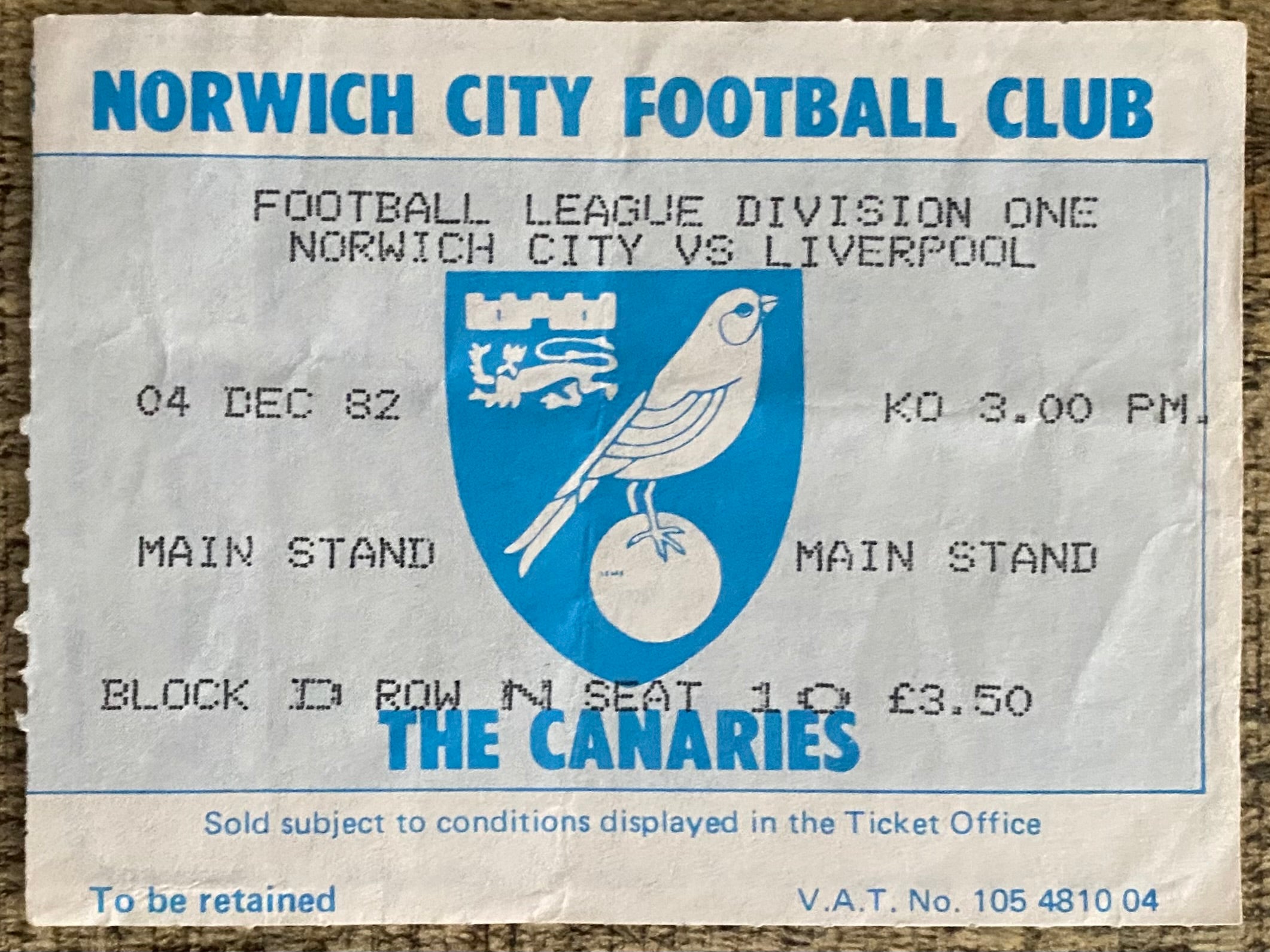 1982/83 ORIGINAL DIVISION ONE TICKET NORWICH CITY V LIVERPOOL