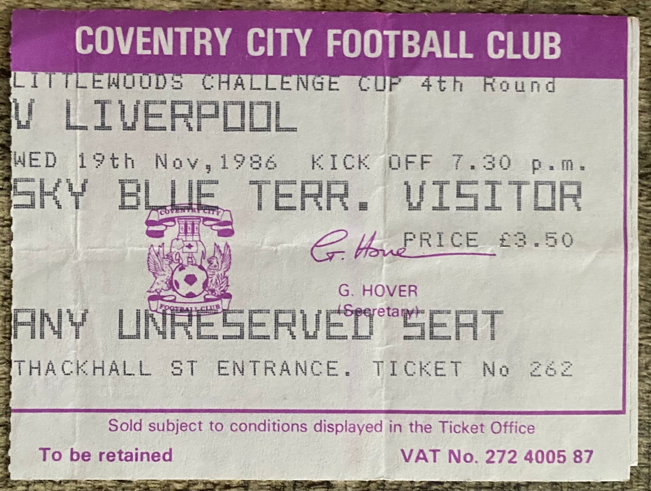 1986/87 ORIGINAL LITTLEWOODS CUP 4TH  TICKET COVENTRY CITY V LIVERPOOL