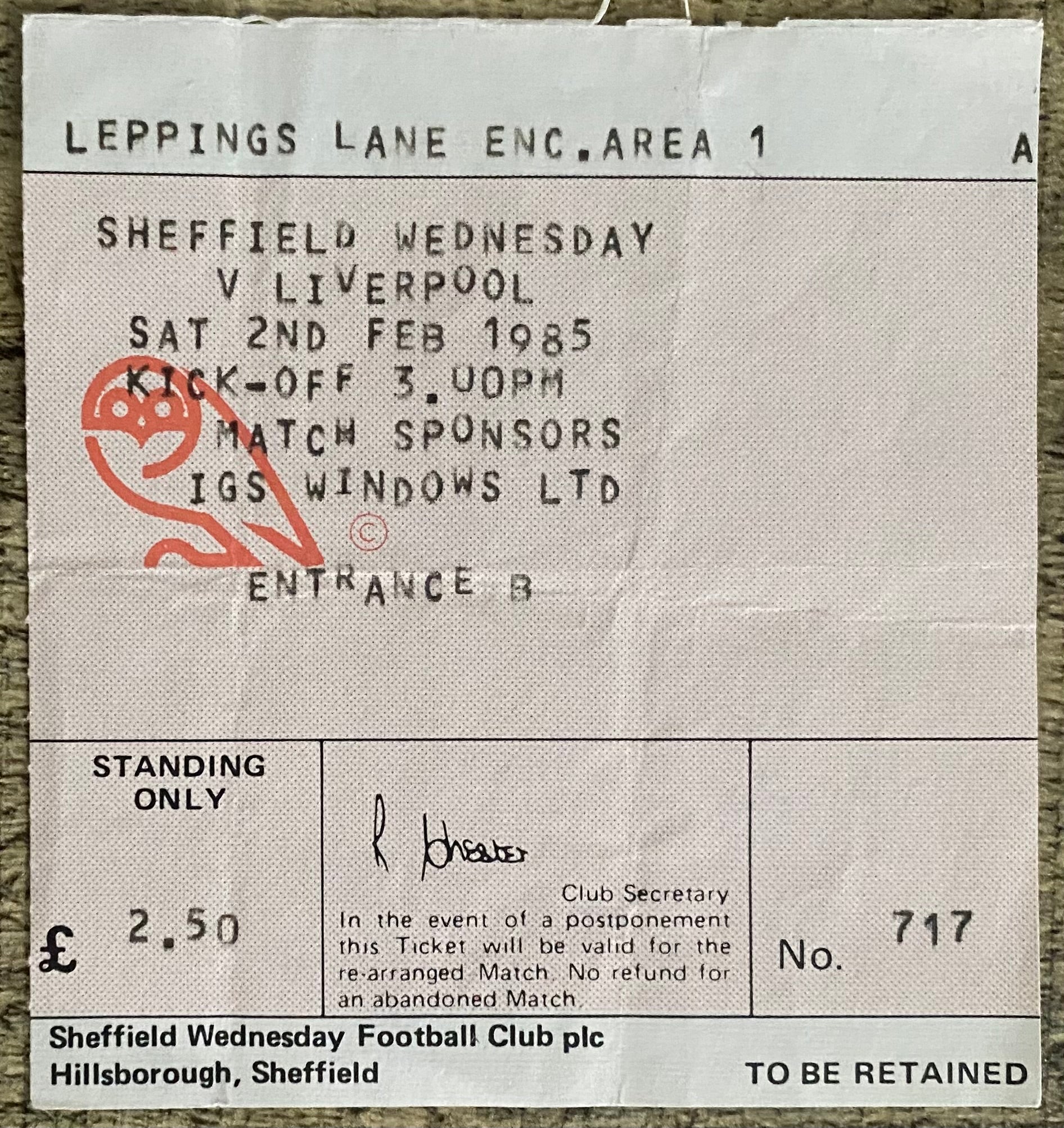1984/85 ORIGINAL DIVISION ONE TICKET SHEFFIELD WEDNESDAY V LIVERPOOL