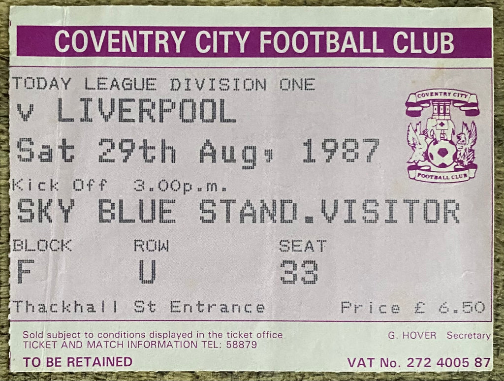 1987/88 ORIGINAL DIVISION ONE TICKET COVENTRY CITY V LIVERPOOL