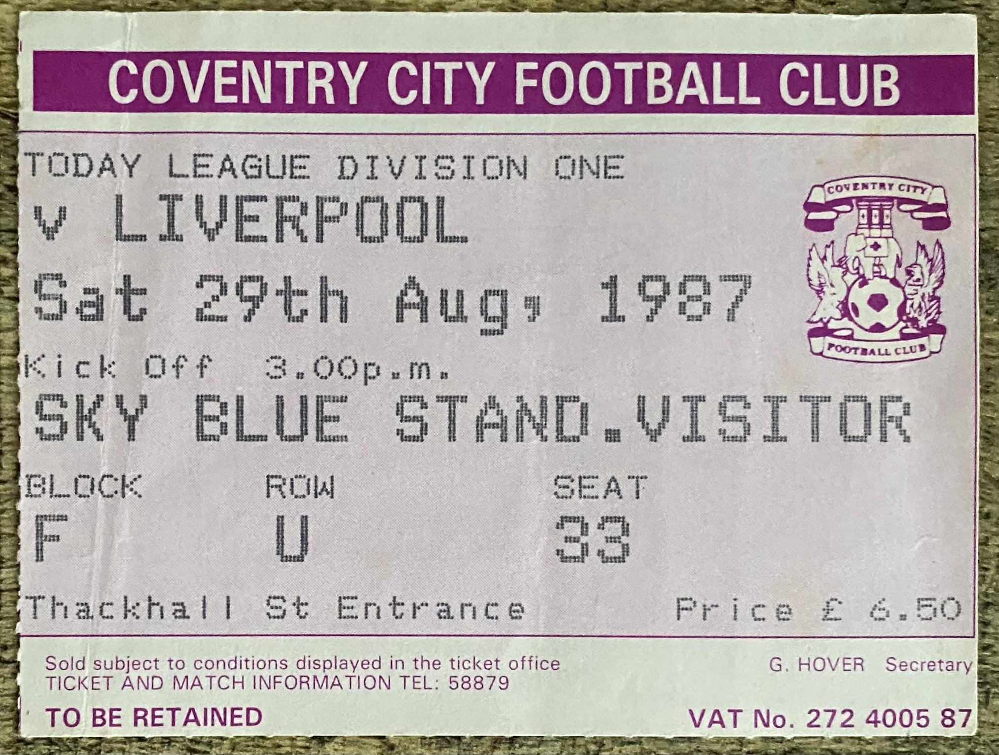 1987/88 ORIGINAL DIVISION ONE TICKET COVENTRY CITY V LIVERPOOL