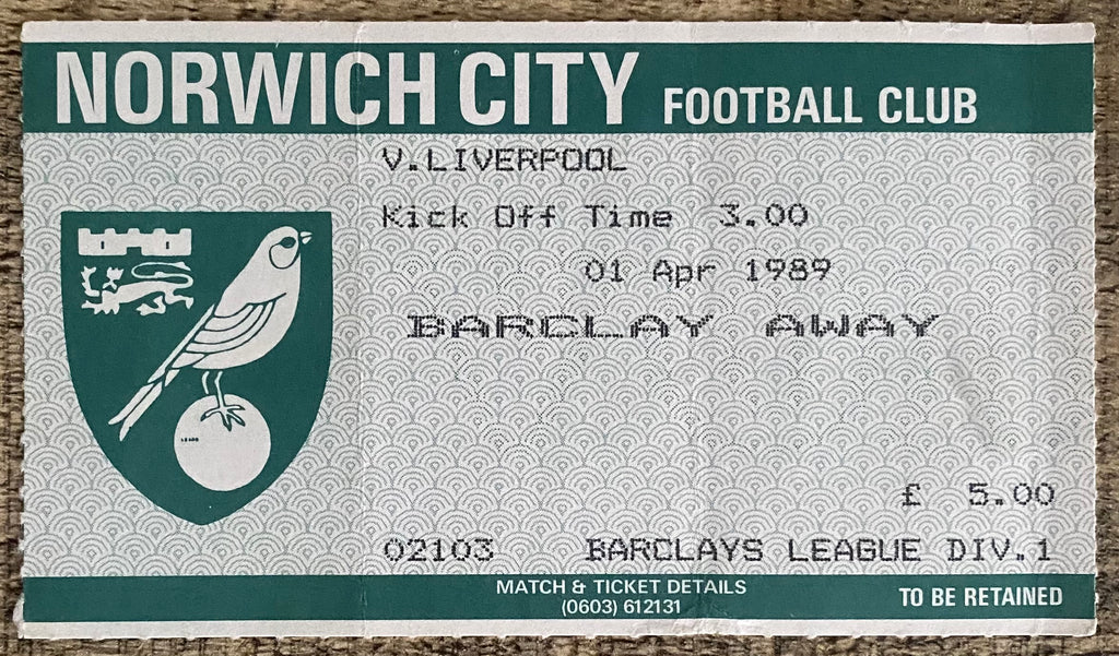 1988/89 ORIGINAL DIVISION ONE TICKET NORWICH CITY V LIVERPOOL