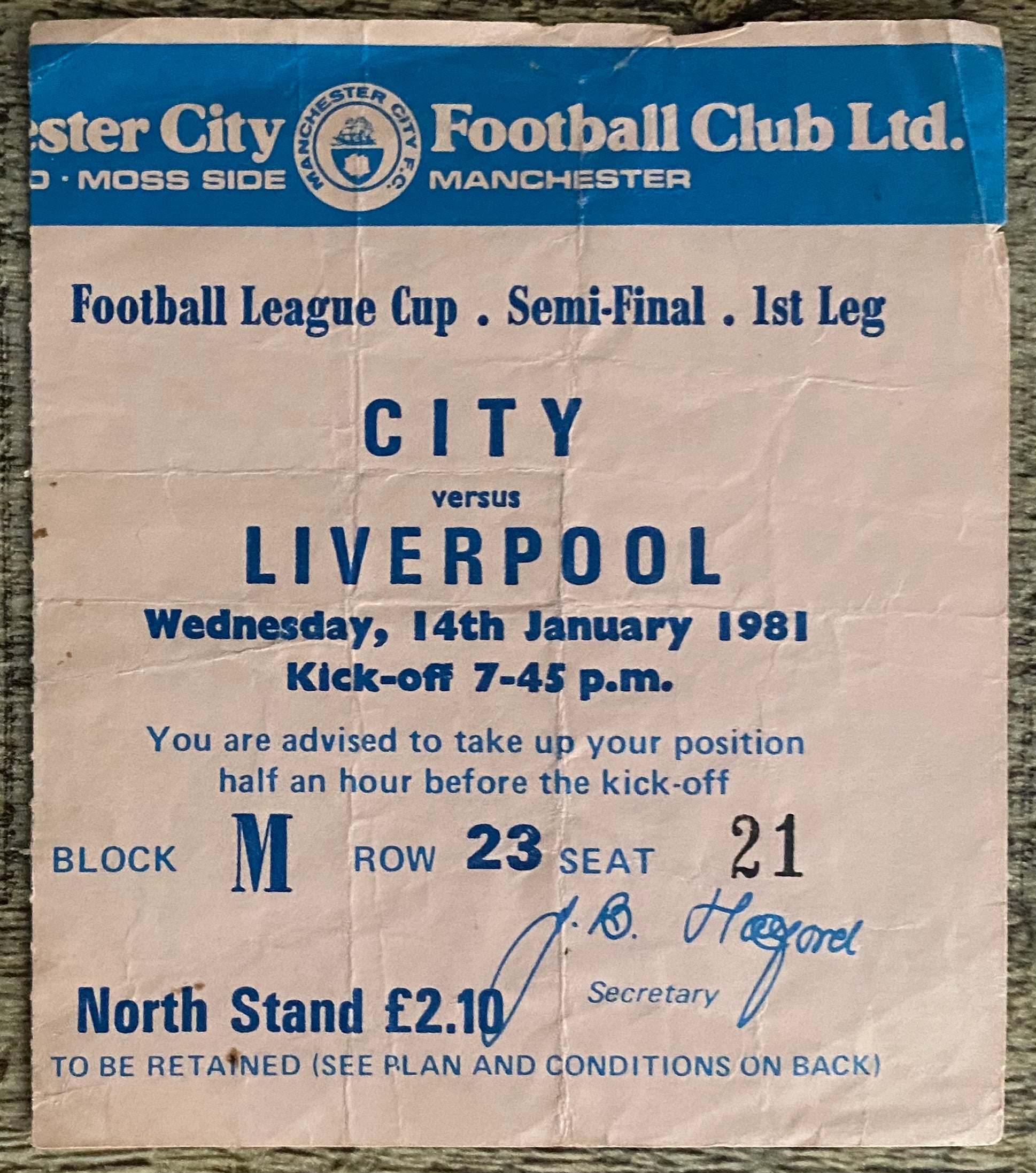1980/81 ORIGINAL LEAGUE CUP SEMI FINAL 1ST LEG TICKET MANCHESTER CITY V LIVERPOOL