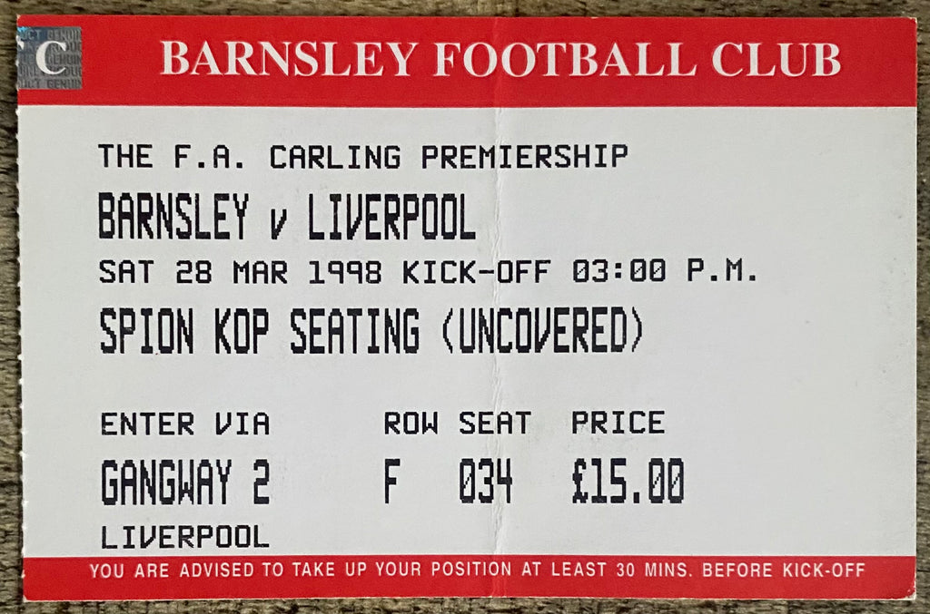 1997/98 ORIGINAL FA PREMIERSHIP TICKET BARNSLEY V LIVERPOOL