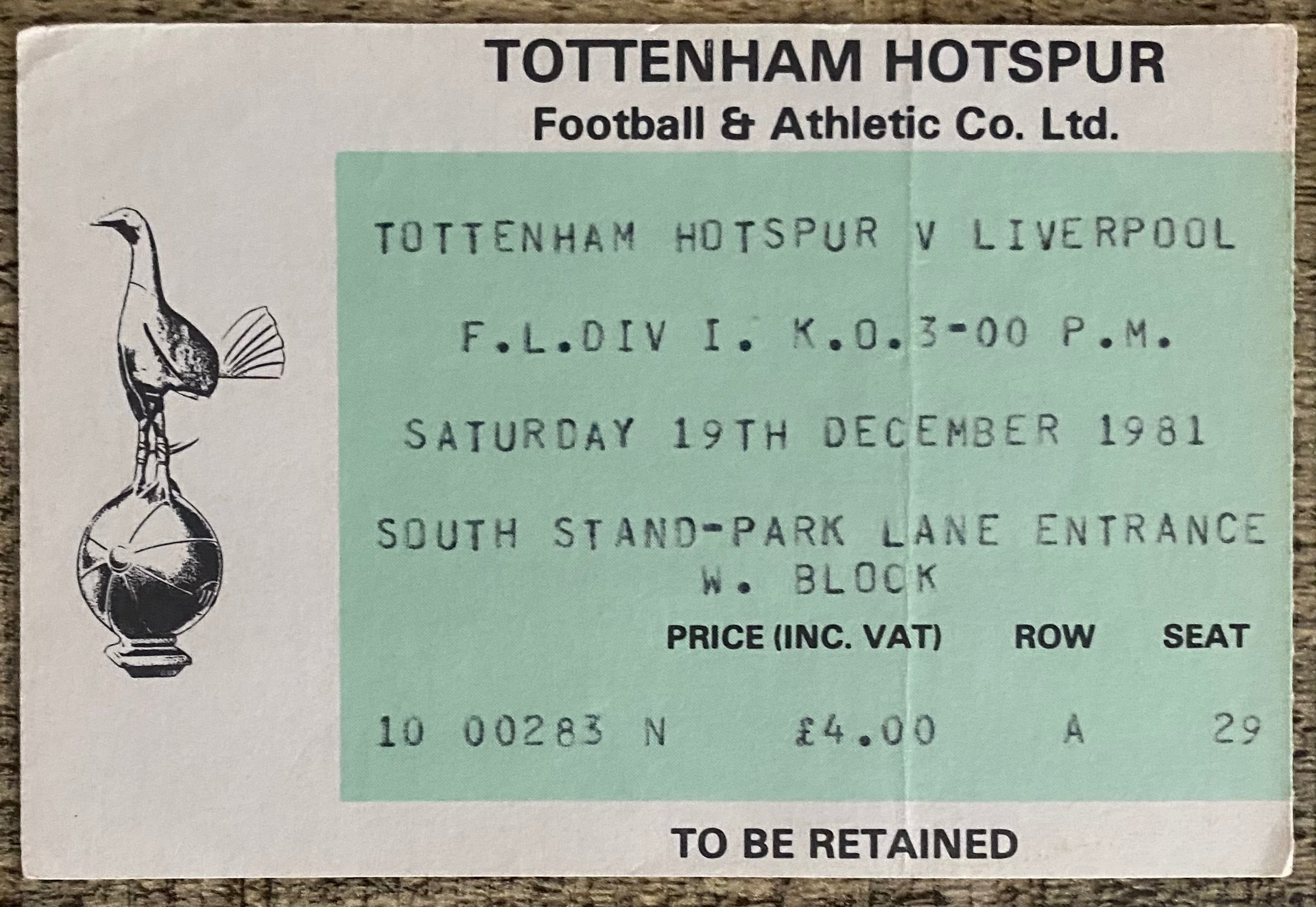 1981/82 ORIGINAL DIVISION ONE TICKET TOTTENHAM HOTSPUR V LIVERPOOL