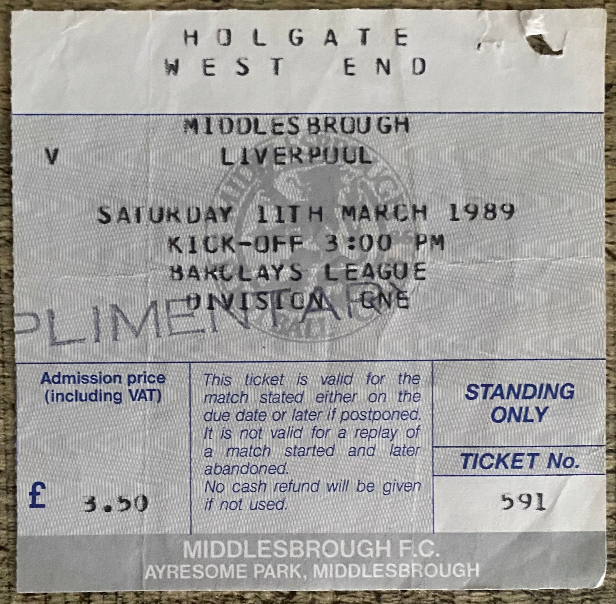 1988/89 ORIGINAL DIVISION ONE TICKET MIDDLESBROUGH V LIVERPOOL