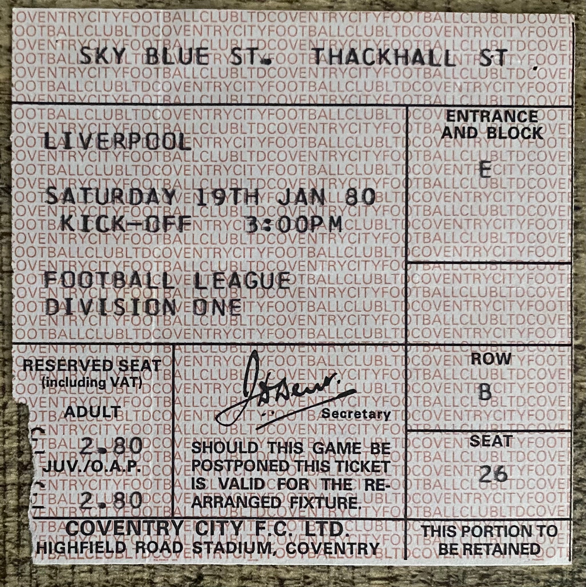 1979/80 ORIGINAL DIVISION ONE TICKET COVENTRY CITY V LIVERPOOL