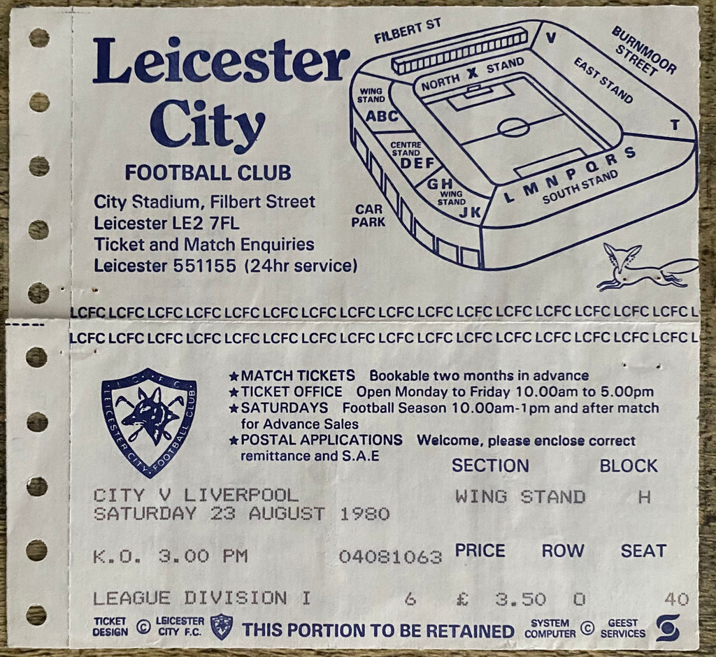 1980/81 ORIGINAL DIVISION ONE TICKET LEICESTER CITY V LIVERPOOL