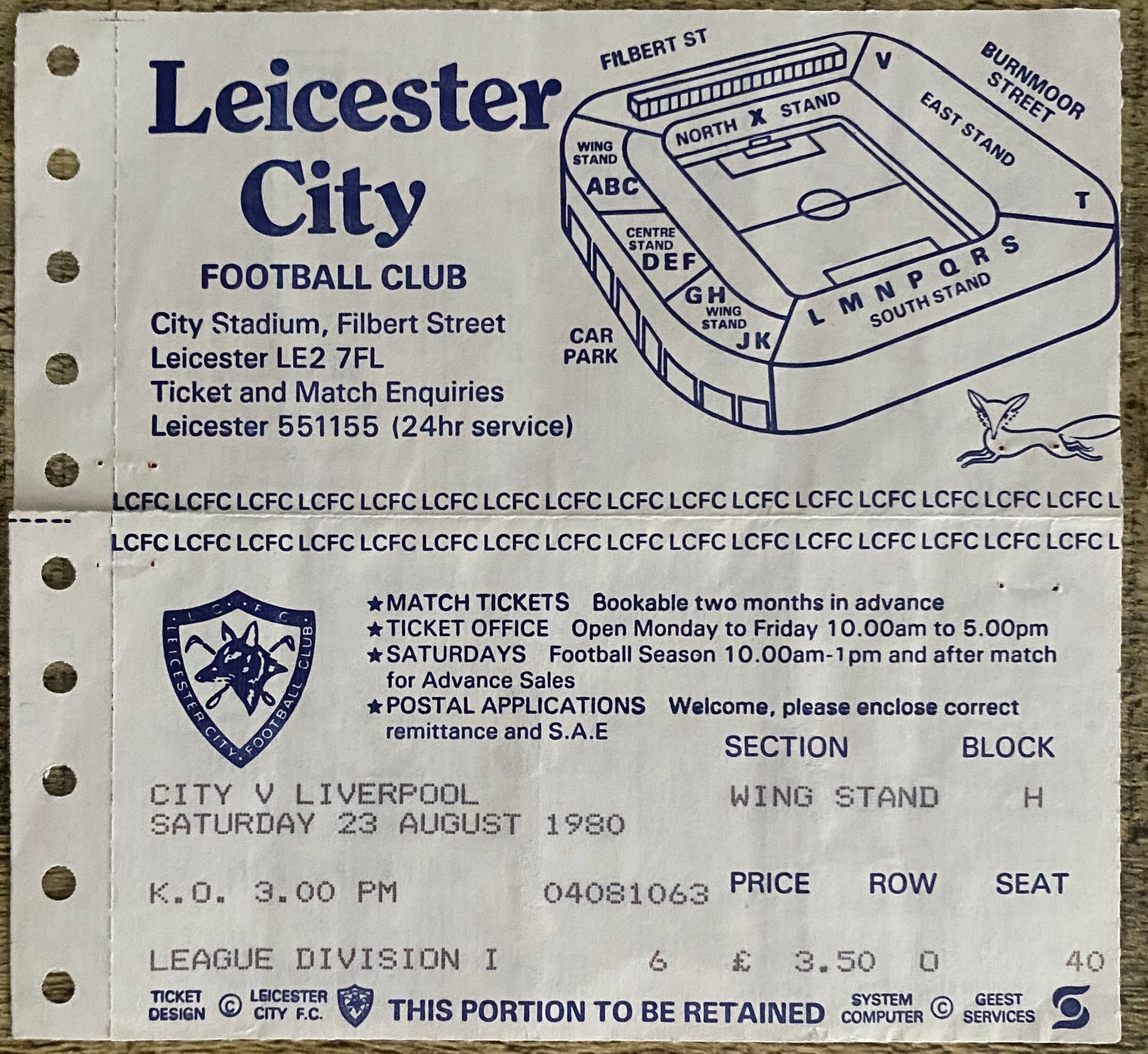1980/81 ORIGINAL DIVISION ONE TICKET LEICESTER CITY V LIVERPOOL