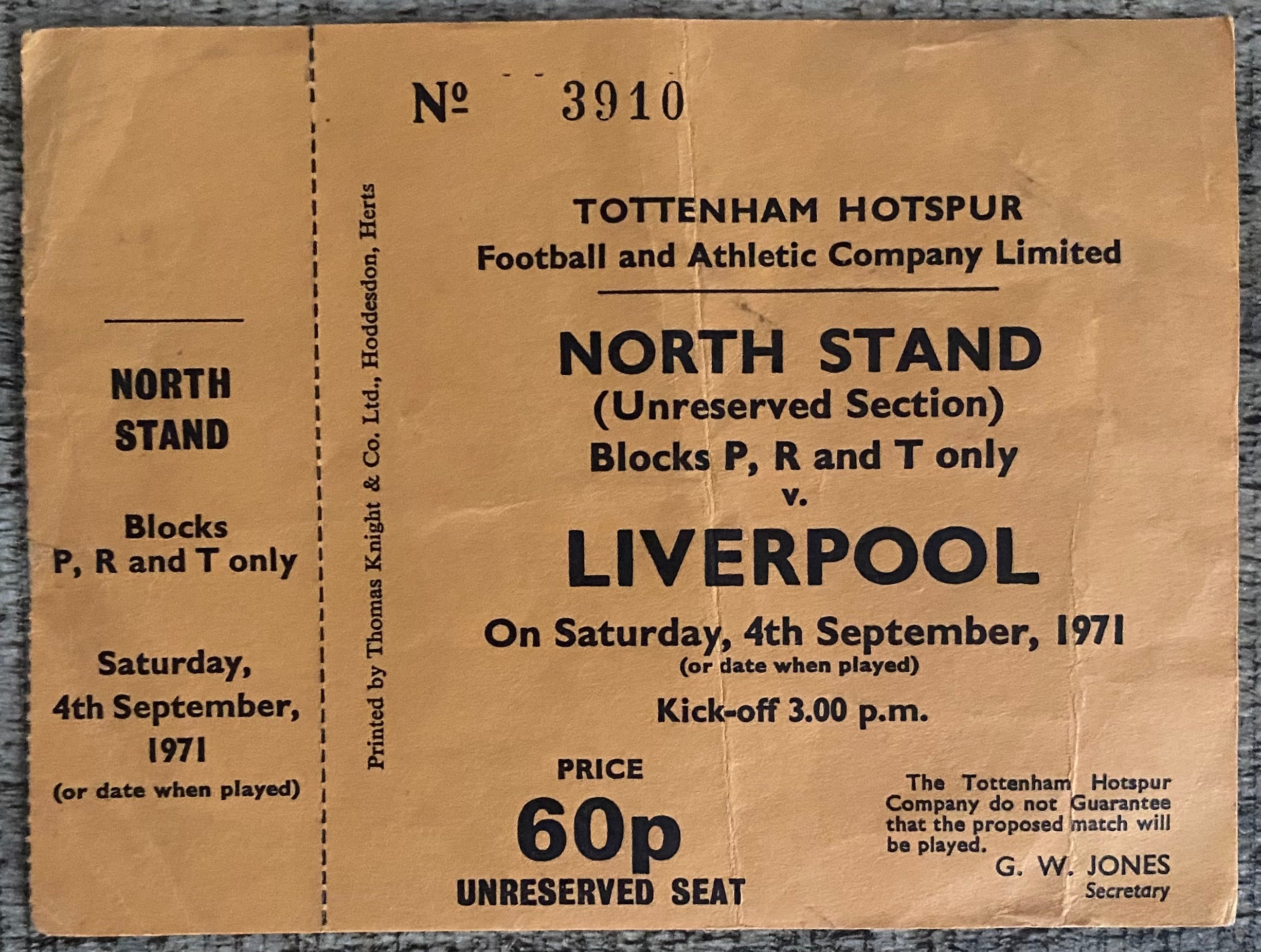 1971/72 ORIGINAL DIVISION ONE UNUSED TICKET TOTTENHAM HOTSPUR V LIVERPOOL