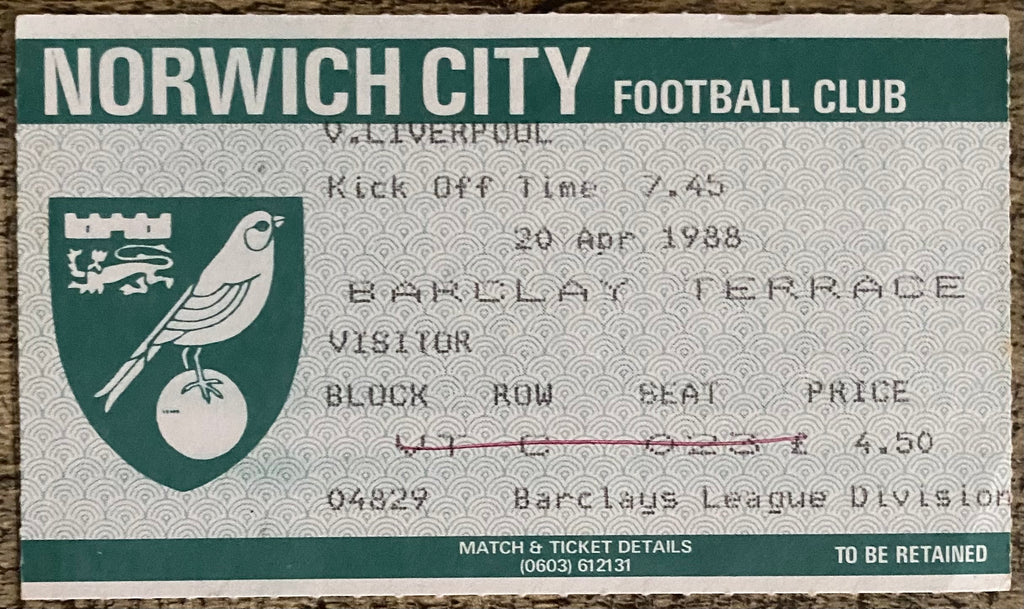 1987/88 ORIGINAL DIVISION ONE TICKET NORWICH CITY V LIVERPOOL