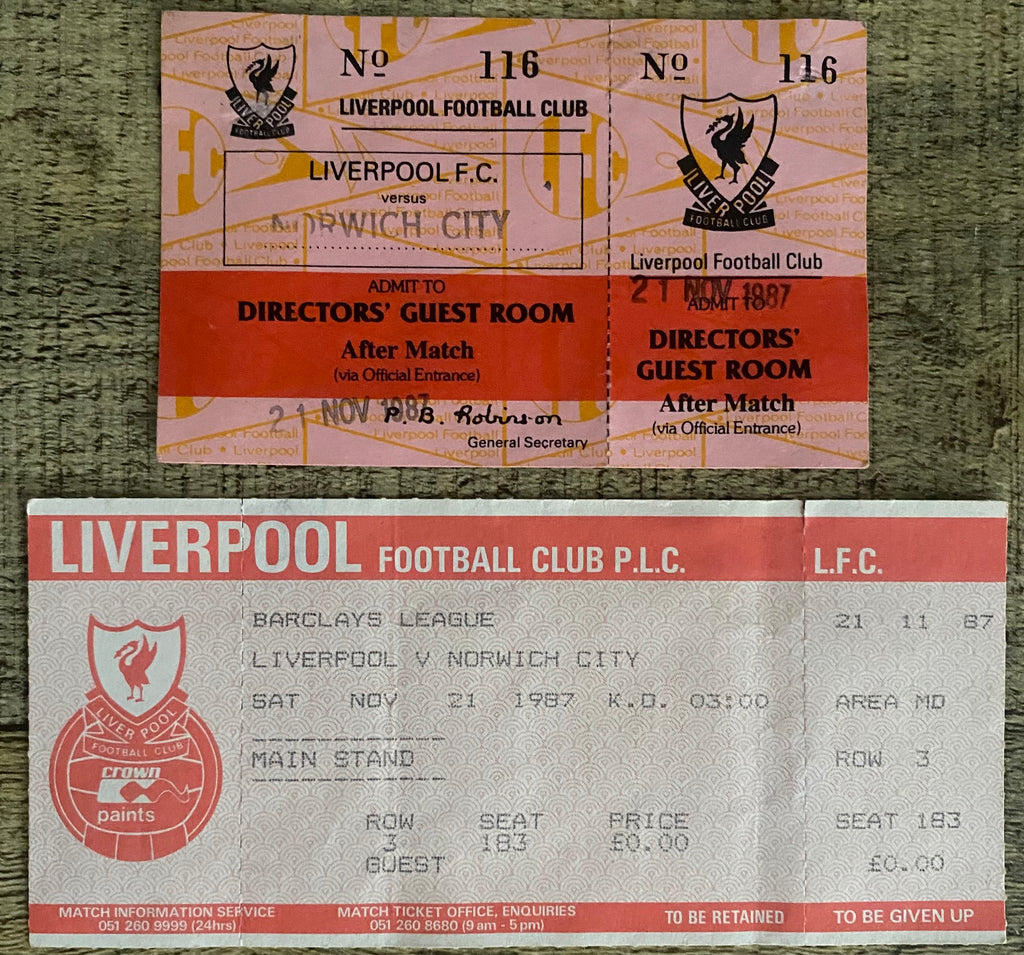 1987/88 ORIGINAL DIVISION ONE TICKET LIVERPOOL V NORWICH CITY AND DIRECTORS TICKET