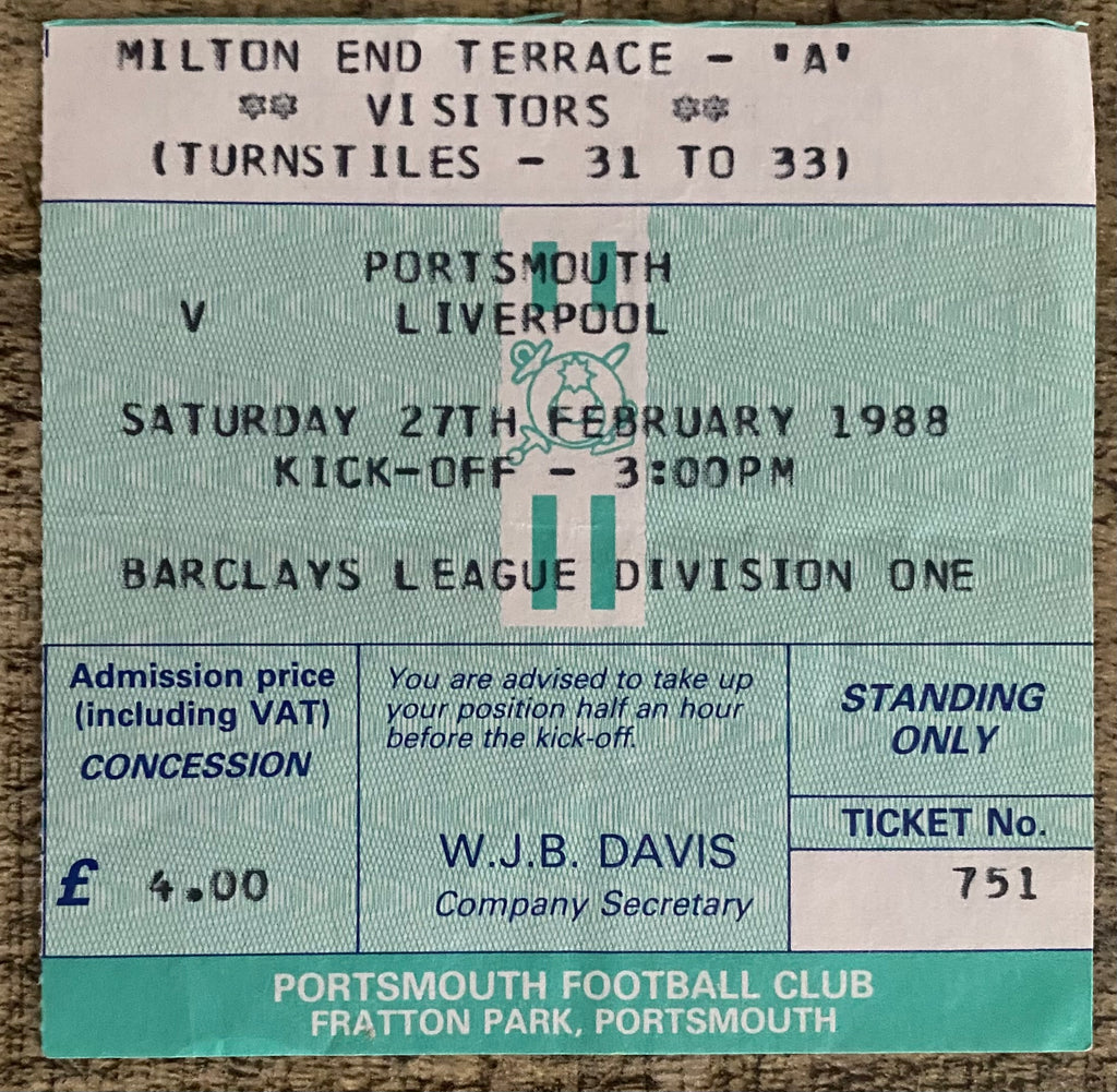 1987/88 ORIGINAL DIVISION ONE TICKET PORTSMOUTH V LIVERPOOL