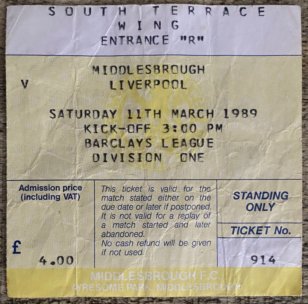 1988/89 ORIGINAL DIVISION ONE TICKET MIDDLESBROUGH V LIVERPOOL