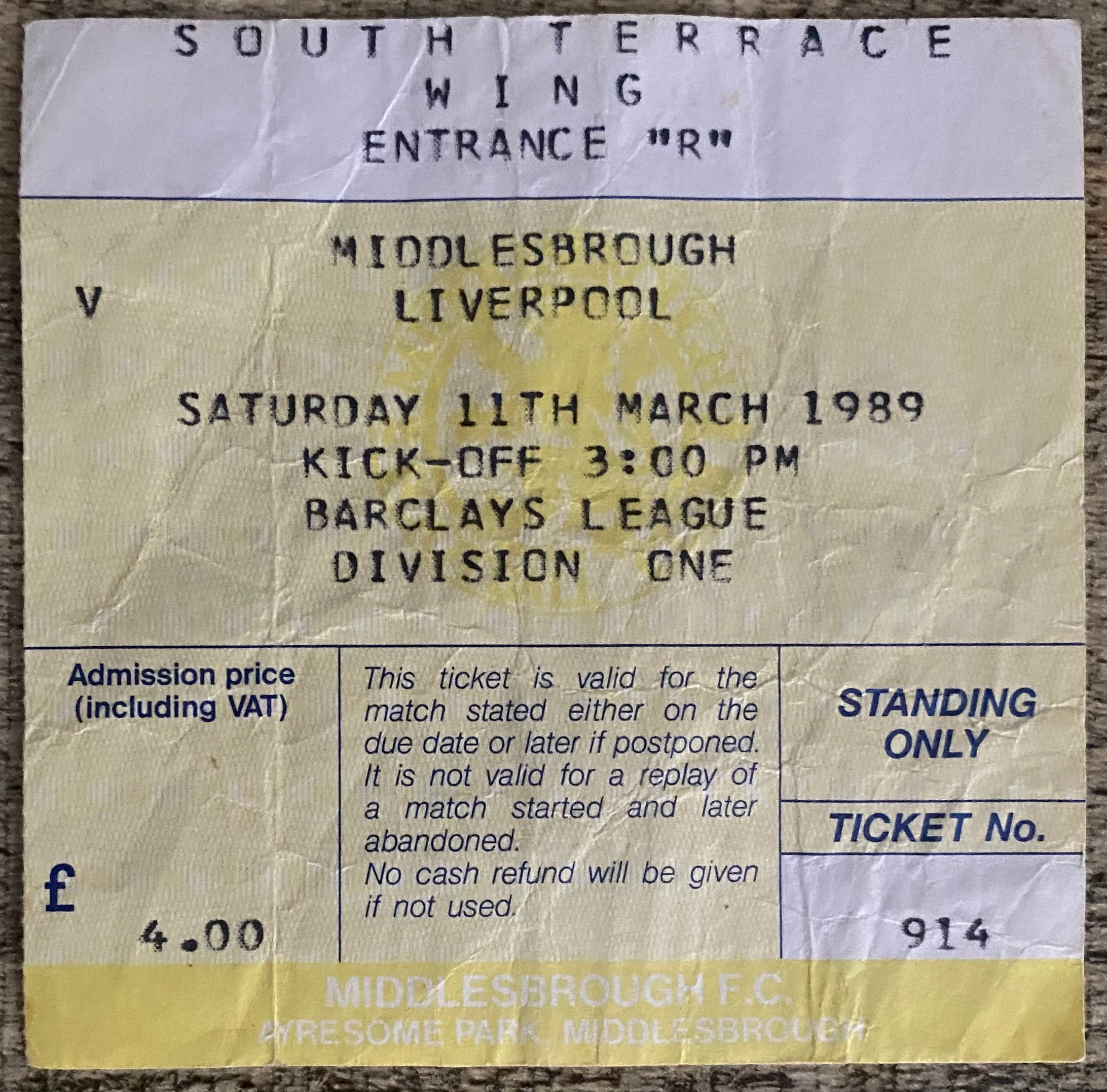 1988/89 ORIGINAL DIVISION ONE TICKET MIDDLESBROUGH V LIVERPOOL