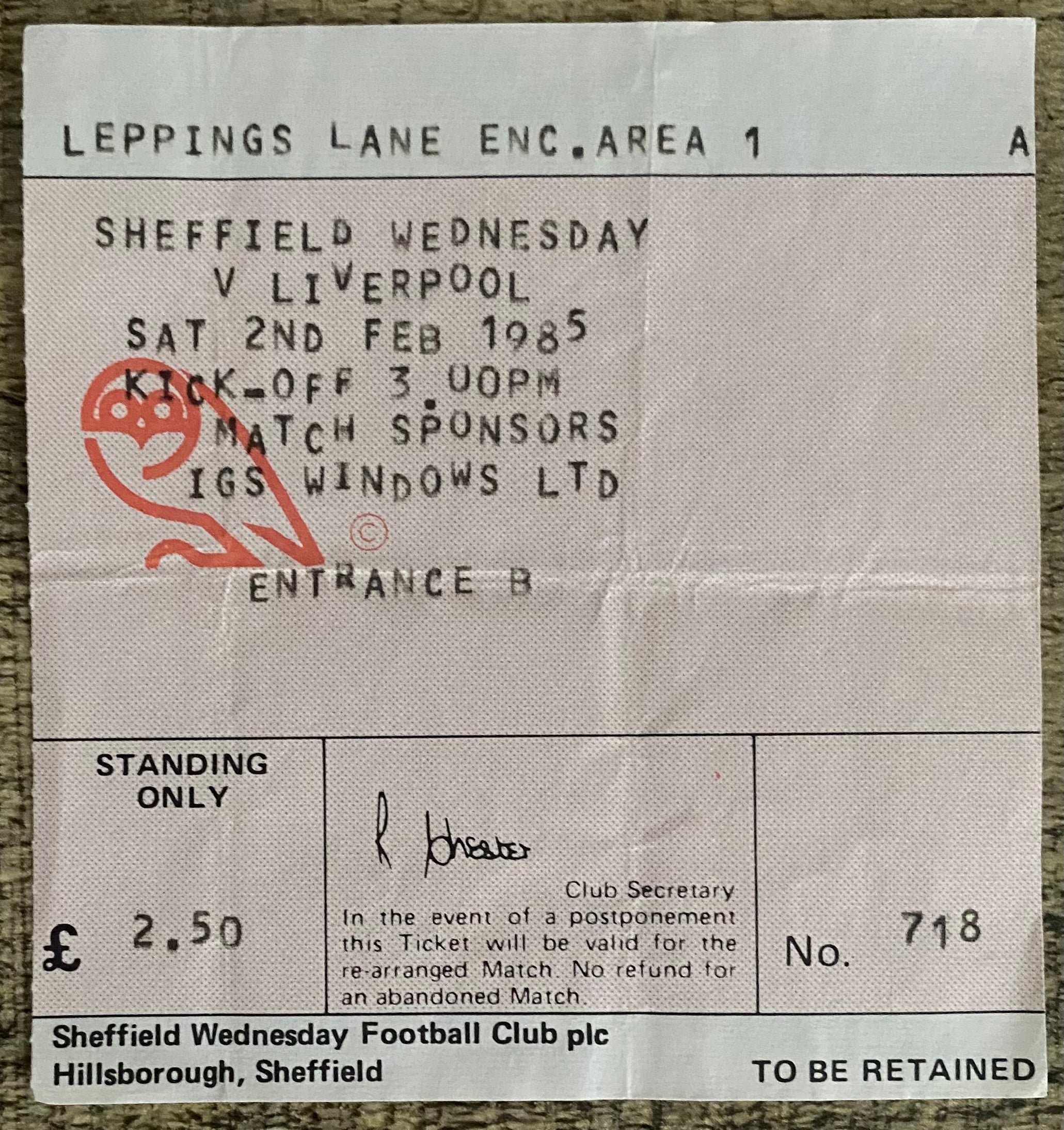 1984/85 ORIGINAL DIVISION ONE TICKET SHEFFIELD WEDNESDAY V LIVERPOOL