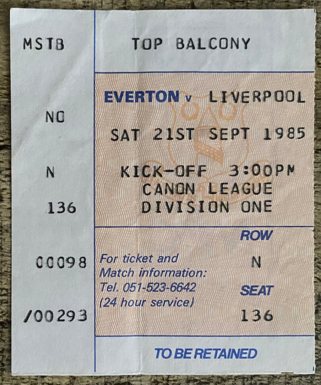 1985/86  ORIGINAL DIVISION ONE TICKET EVERTON V LIVERPOOL