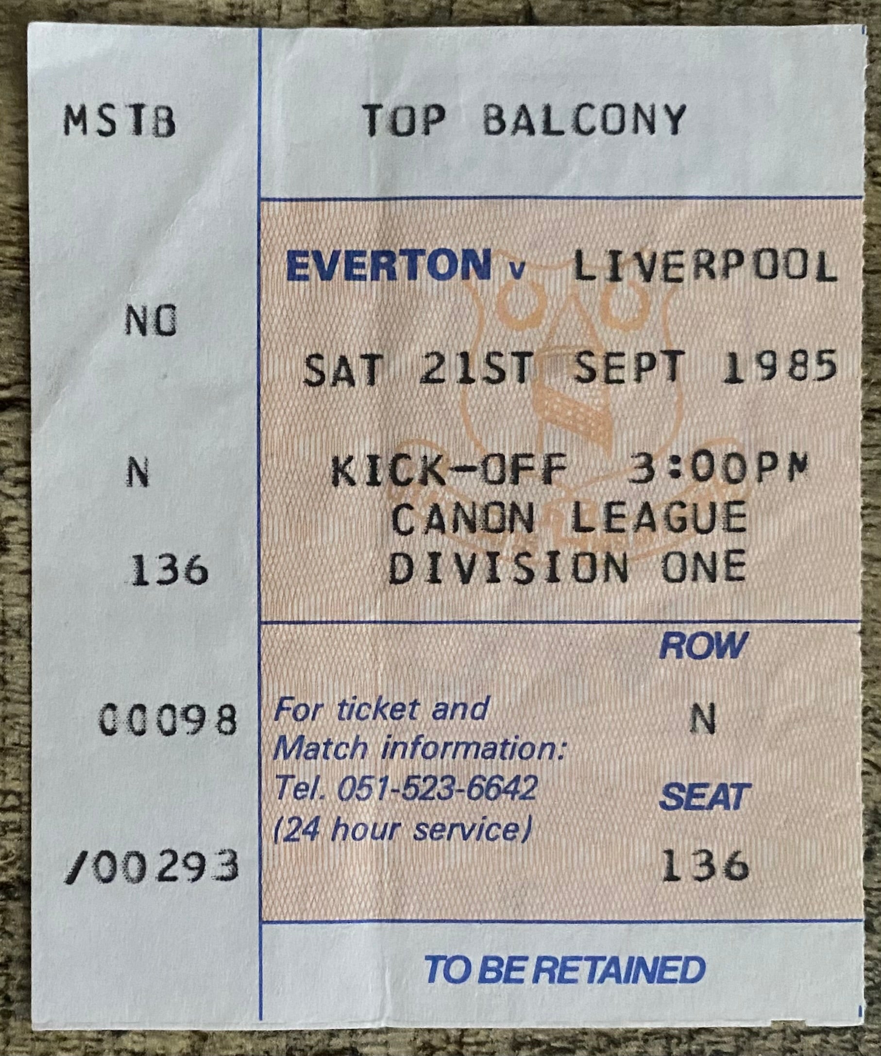 1985/86  ORIGINAL DIVISION ONE TICKET EVERTON V LIVERPOOL