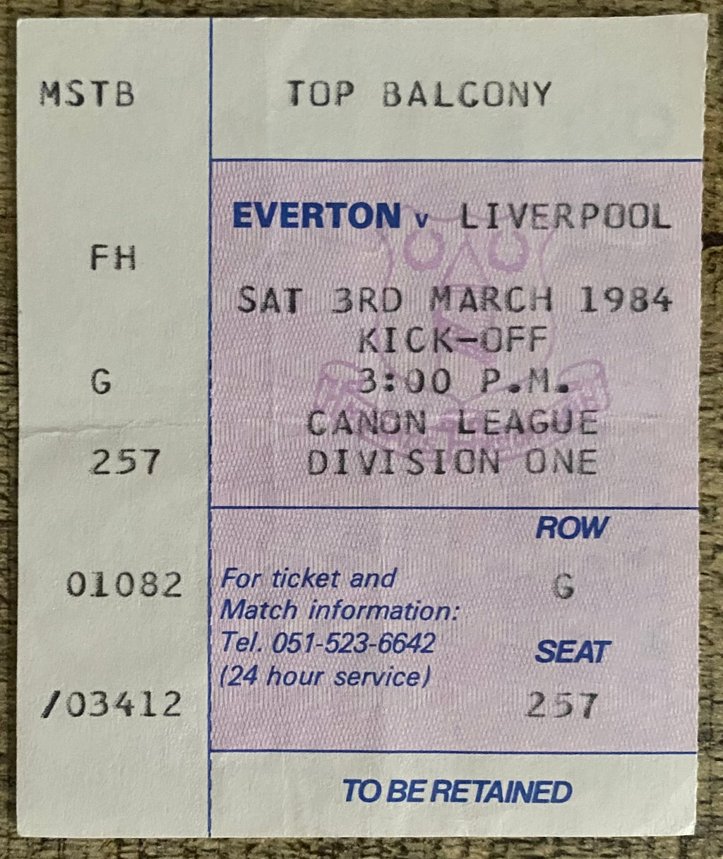1983/84 ORIGINAL DIVISION ONE TICKET EVERTON V LIVERPOOL