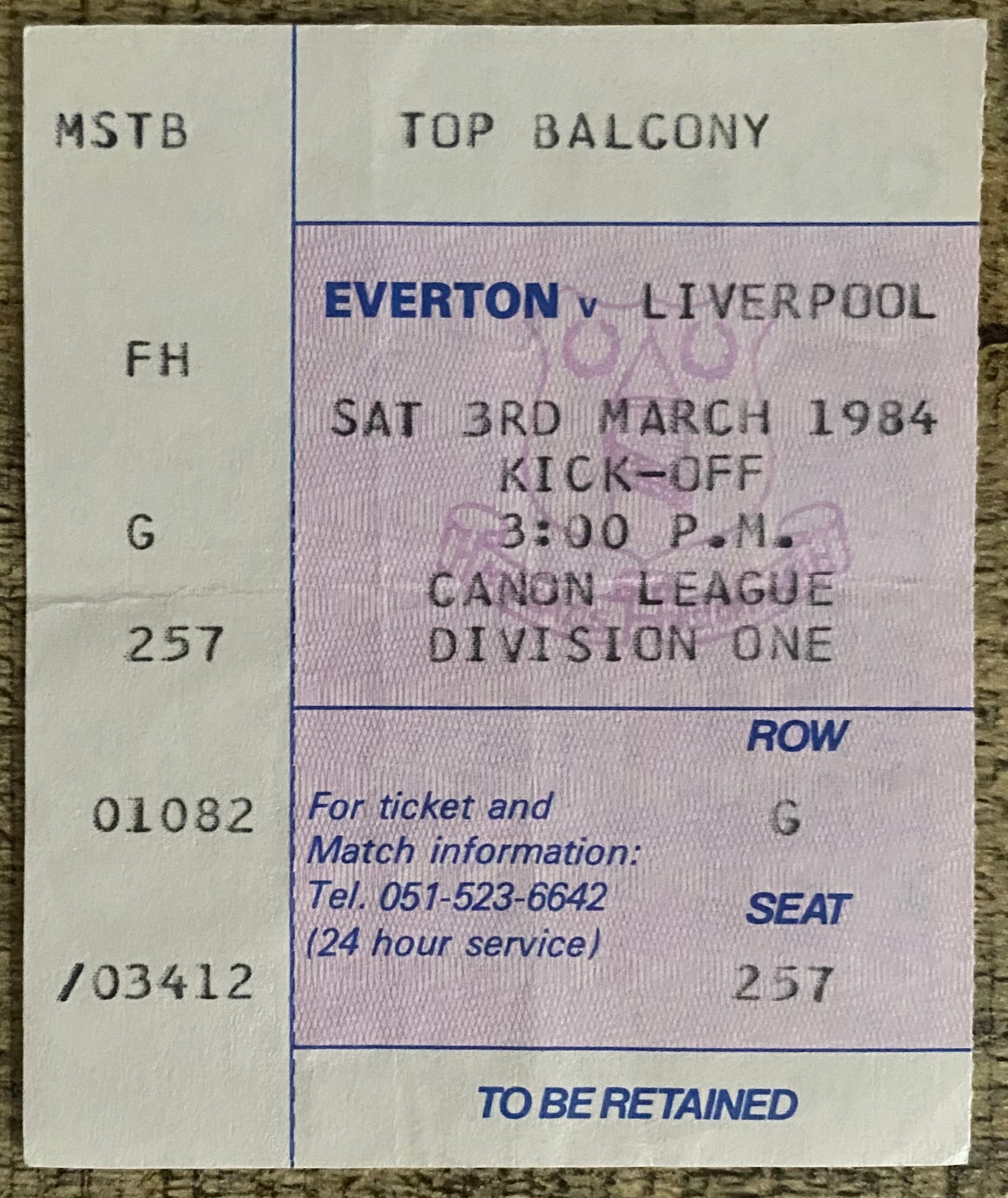 1983/84 ORIGINAL DIVISION ONE TICKET EVERTON V LIVERPOOL