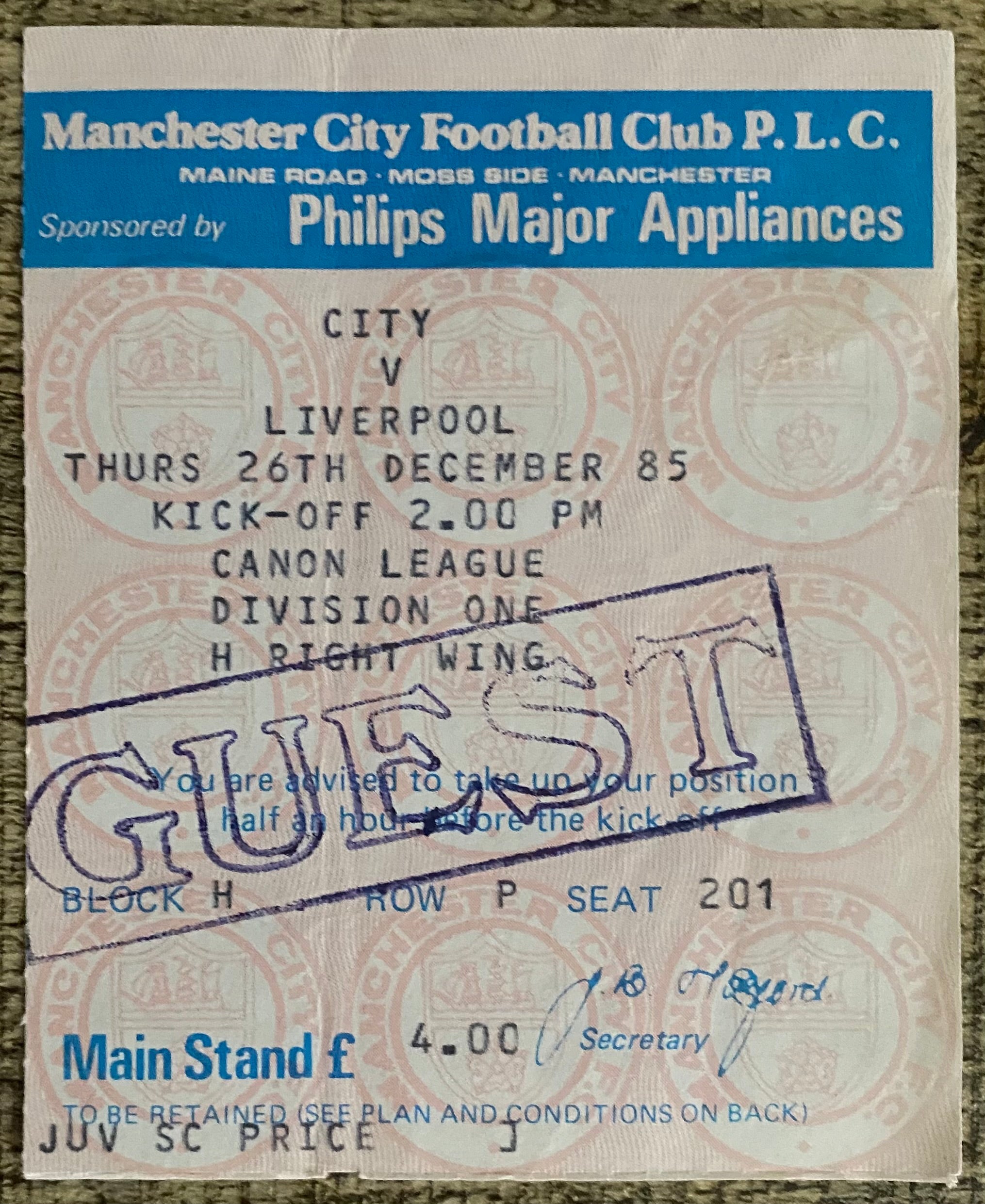 1985/86 ORIGINAL DIVISION ONE TICKET MANCHESTER CITY V LIVERPOOL