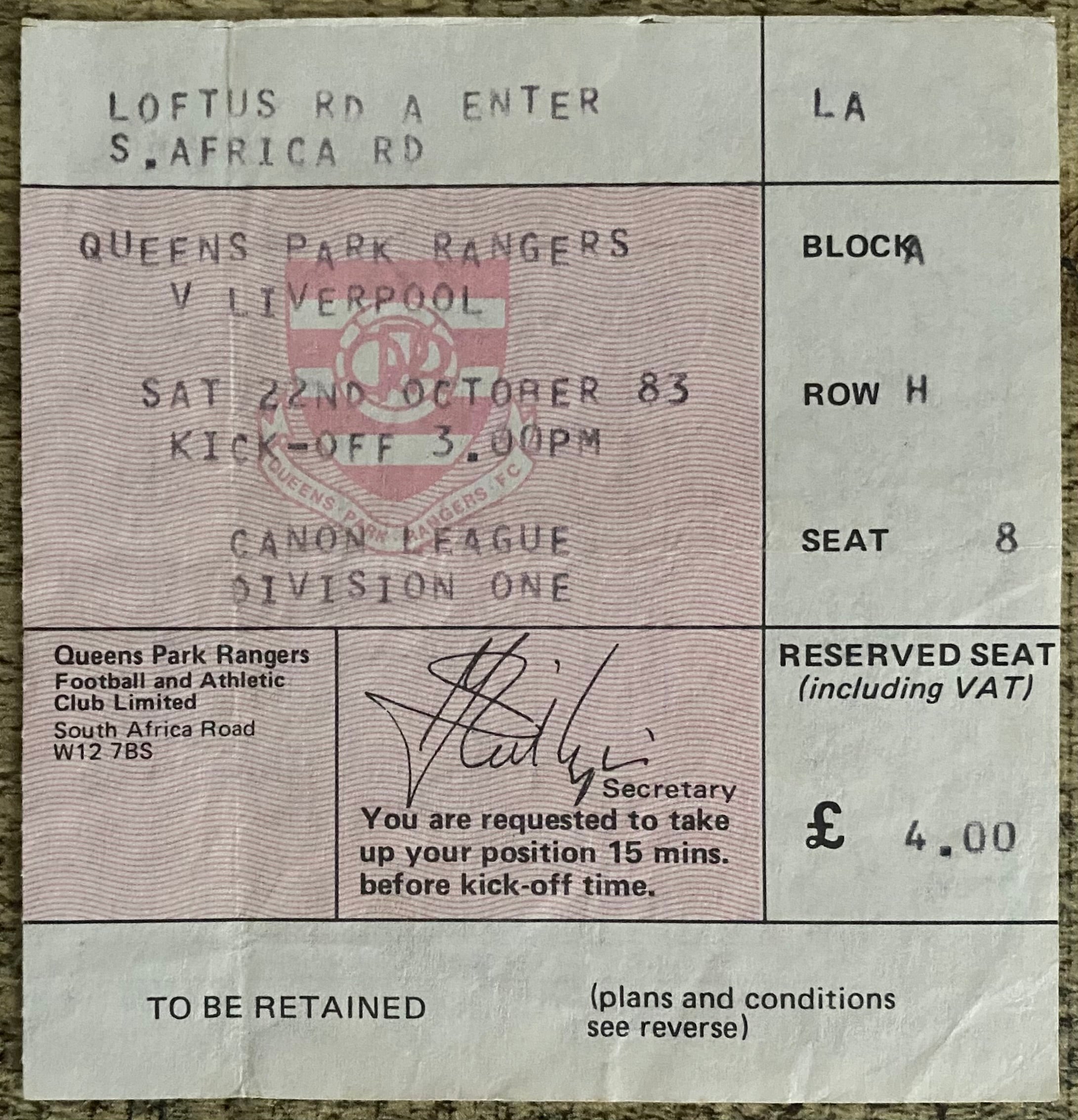 1983/84 ORIGINAL DIVISION ONE TICKET QUEENS PARK RANGERS V LIVERPOOL
