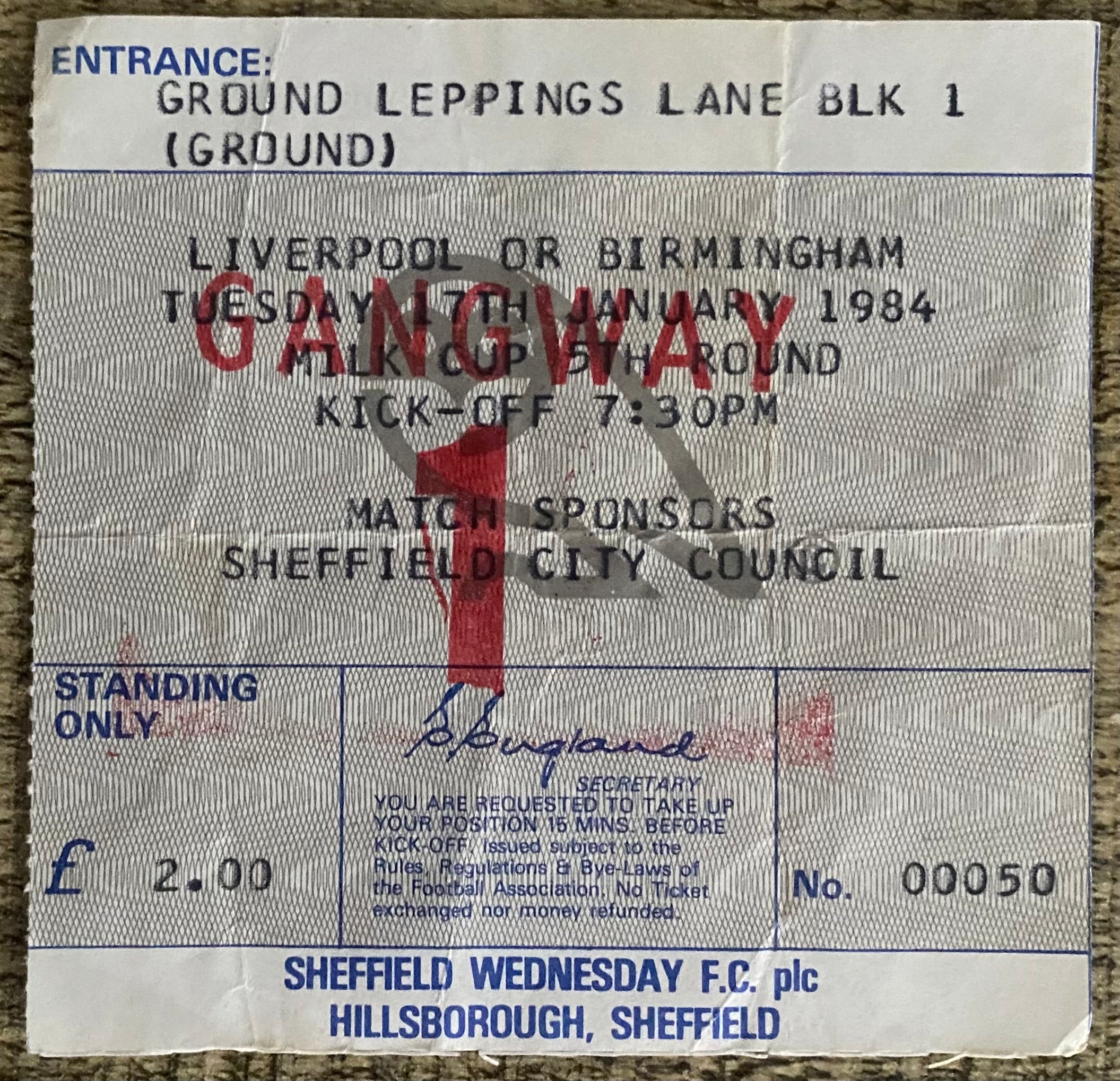 1983/84 ORIGINAL MILK CUP 5TH ROUND TICKET SHEFFIELD WEDNESDAY V LIVERPOOL