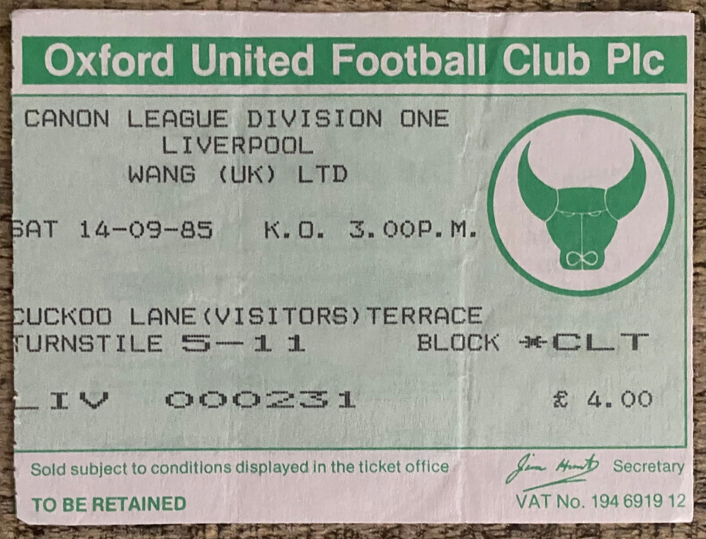 1985/86  ORIGINAL DIVISION ONE TICKET OXFORD UNITED V LIVERPOOL