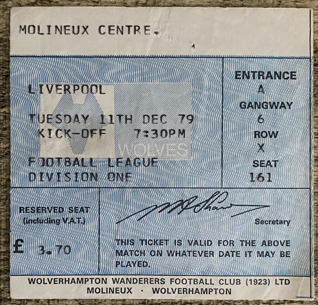 1979/80 ORIGINAL DIVISION ONE TICKET WOLVERHAMPTON WANDERERS V LIVERPOOL