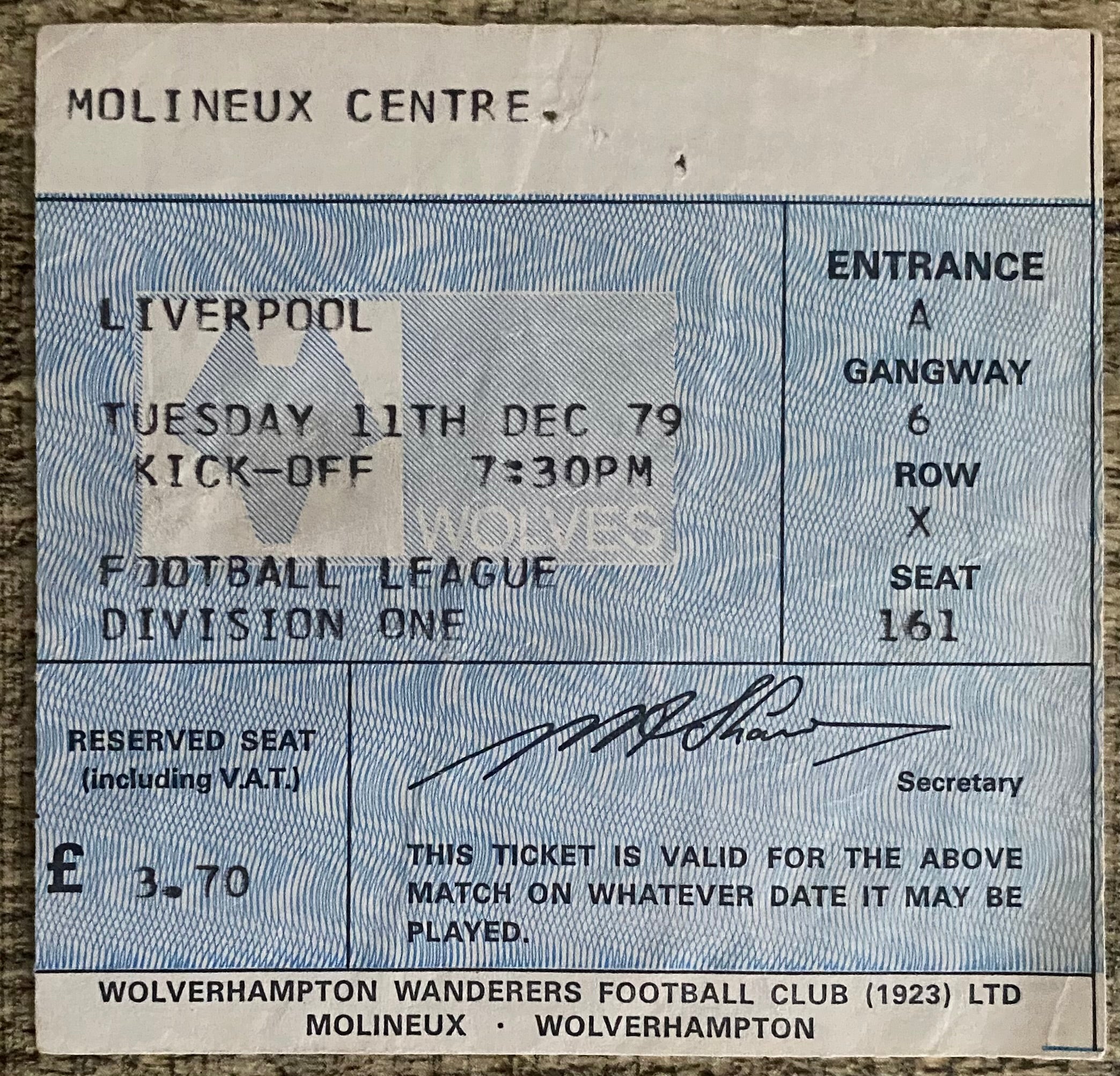 1979/80 ORIGINAL DIVISION ONE TICKET WOLVERHAMPTON WANDERERS V LIVERPOOL