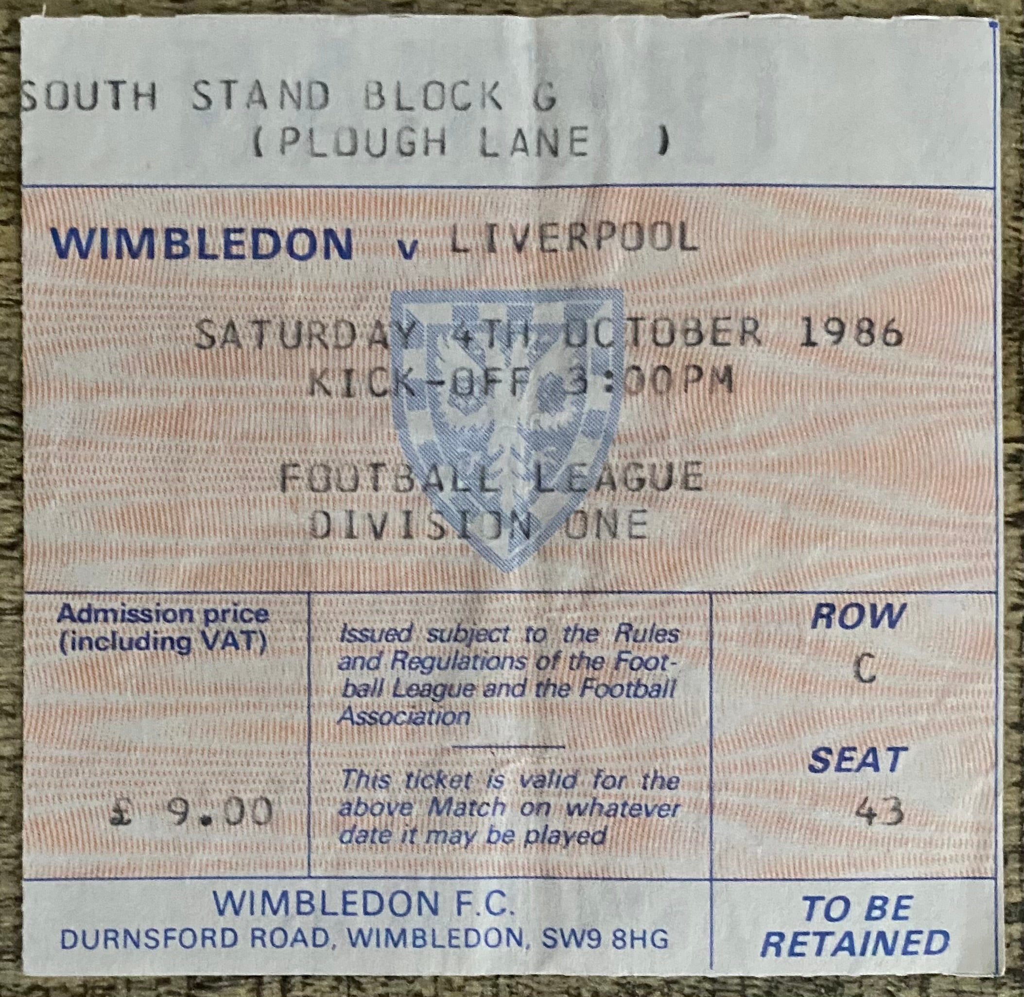 1986/87 ORIGINAL DIVISION ONE TICKET WIMBLEDON V LIVERPOOL