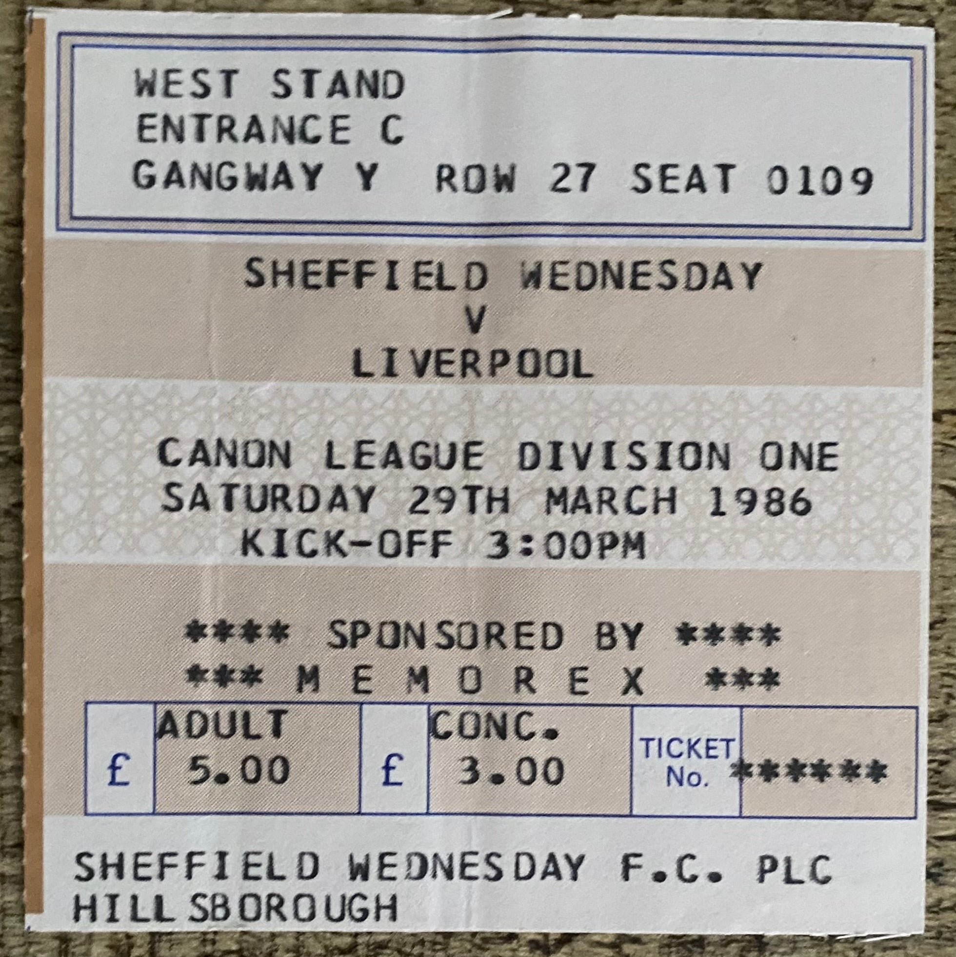 1985/86 ORIGINAL DIVISION ONE TICKET SHEFFIELD WEDNESDAY V LIVERPOOL
