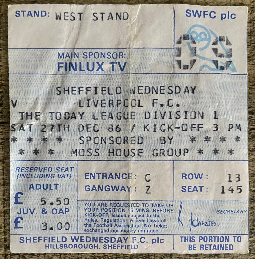 1986/87 ORIGINAL DIVISION ONE TICKET SHEFFIELD WEDNESDAY V LIVERPOOL