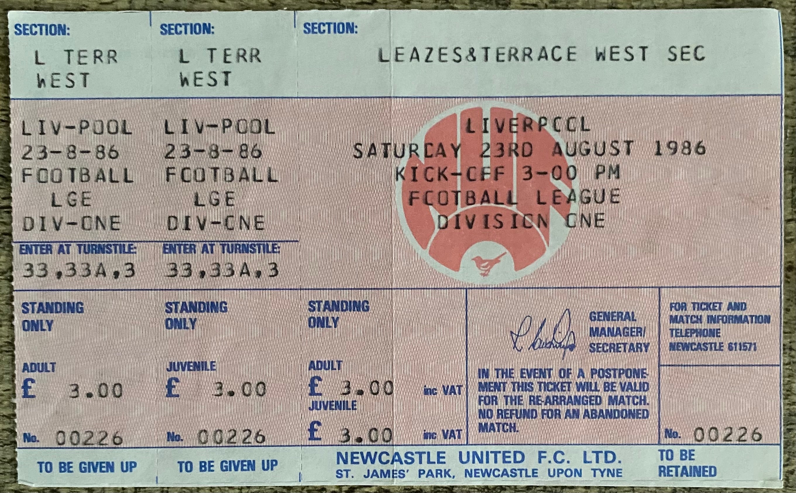 1986/87 ORIGINAL DIVISION ONE UNUSED TICKET NEWCASTLE UNITED V LIVERPOOL