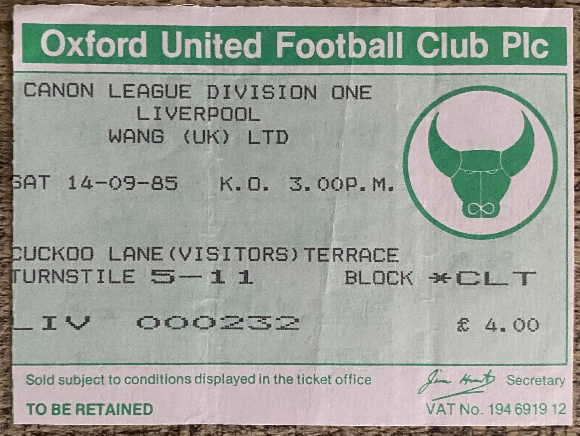 1985/86  ORIGINAL DIVISION ONE TICKET OXFORD UNITED V LIVERPOOL
