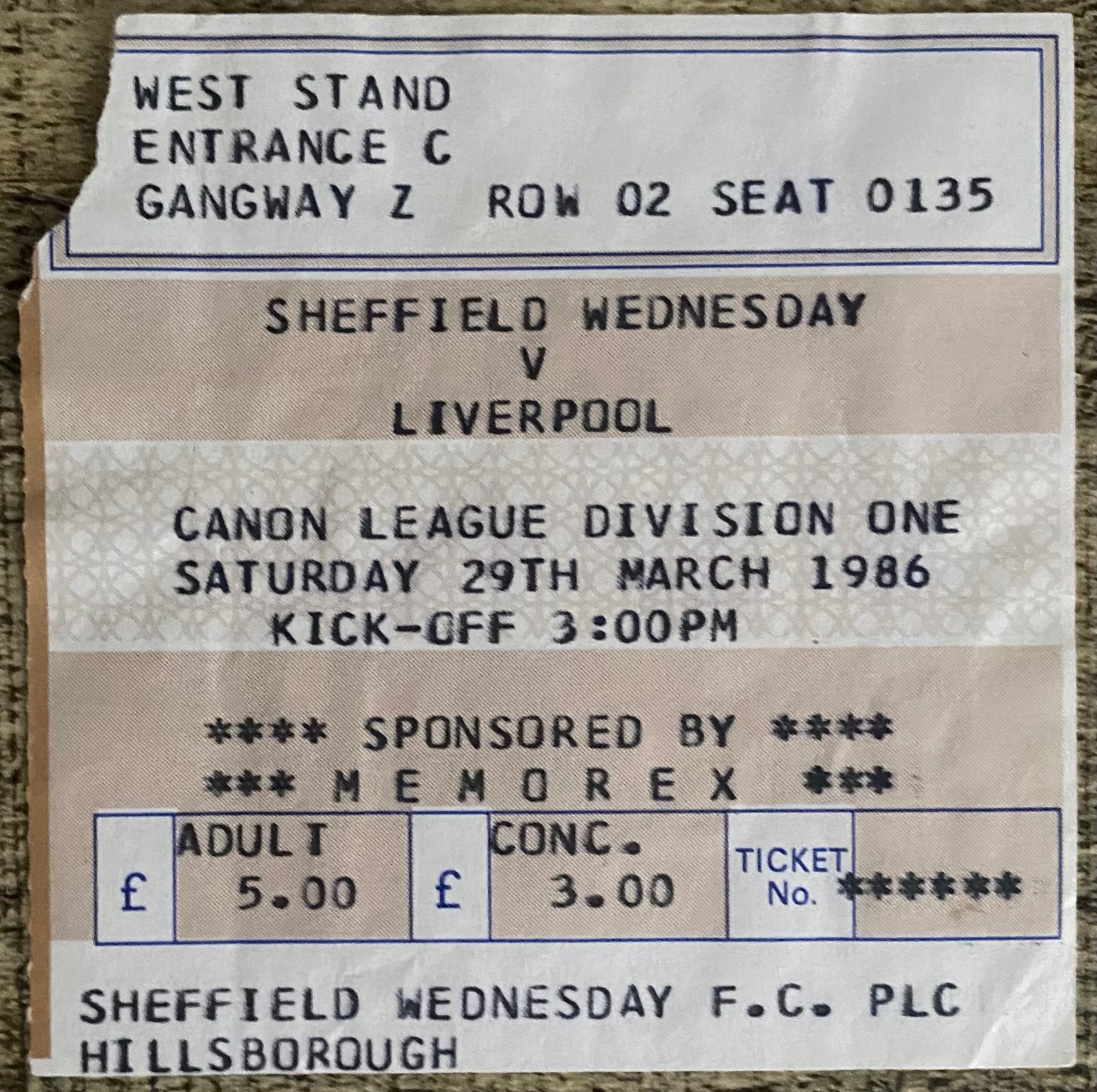 1985/86 ORIGINAL DIVISION ONE TICKET SHEFFIELD WEDNESDAY V LIVERPOOL