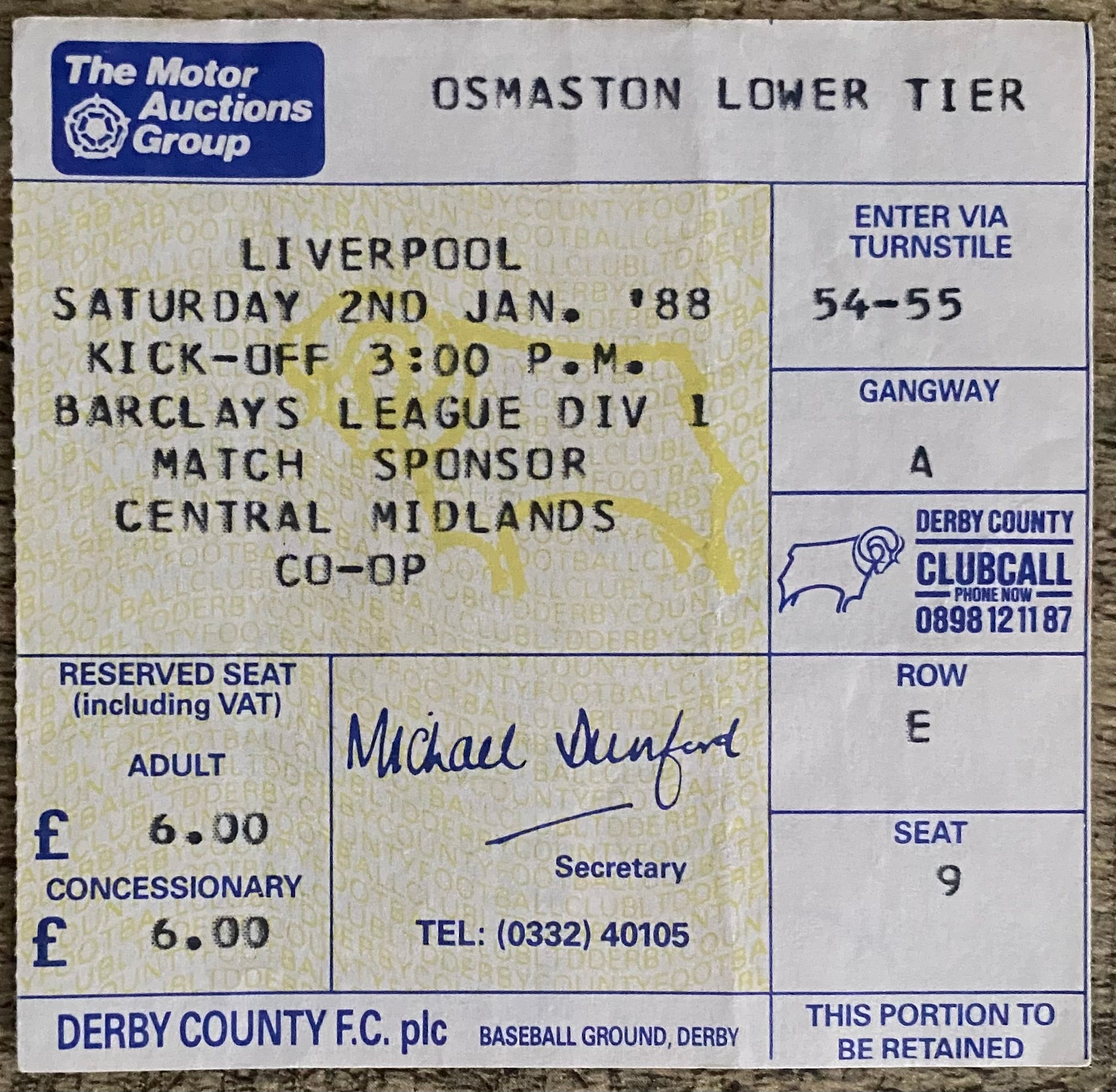 1987/88 ORIGINAL DIVISION ONE TICKET DERBY COUNTY V LIVERPOOL
