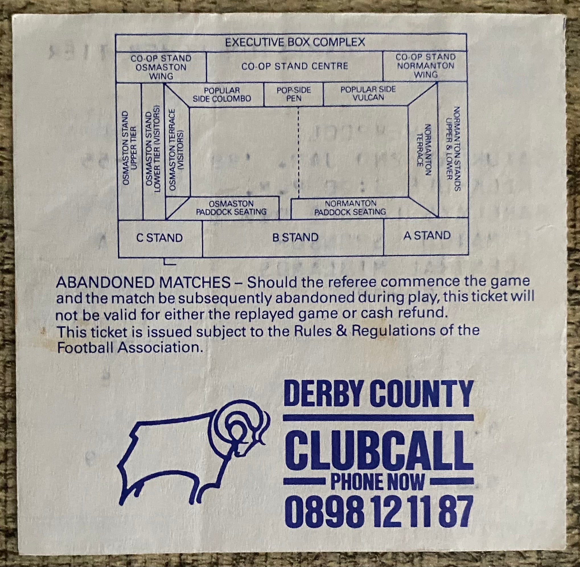 1987/88 ORIGINAL DIVISION ONE TICKET DERBY COUNTY V LIVERPOOL