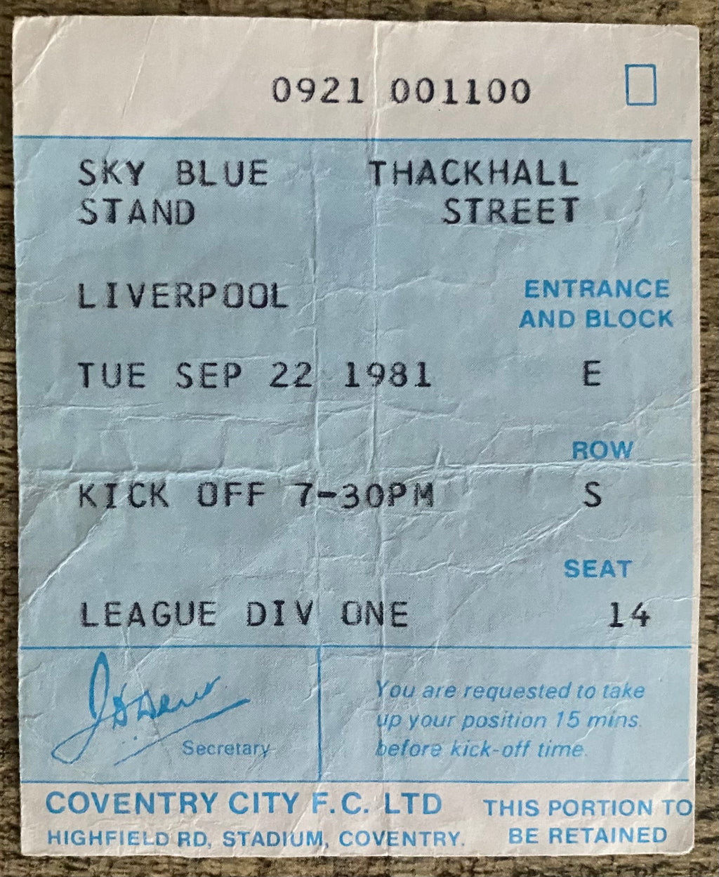 1981/82 ORIGINAL DIVISION ONE TICKET COVENTRY CITY V LIVERPOOL