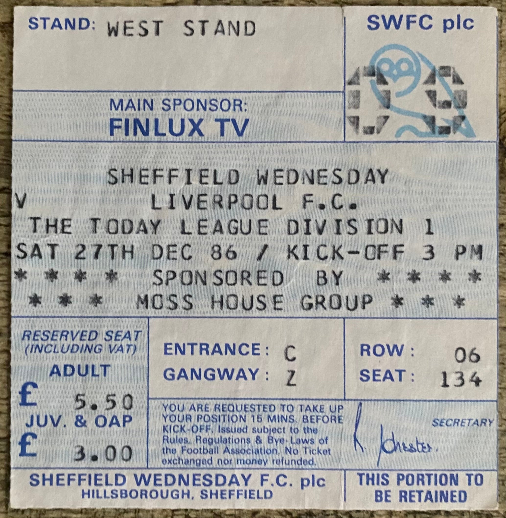 1986/87 ORIGINAL DIVISION ONE TICKET SHEFFIELD WEDNESDAY V LIVERPOOL