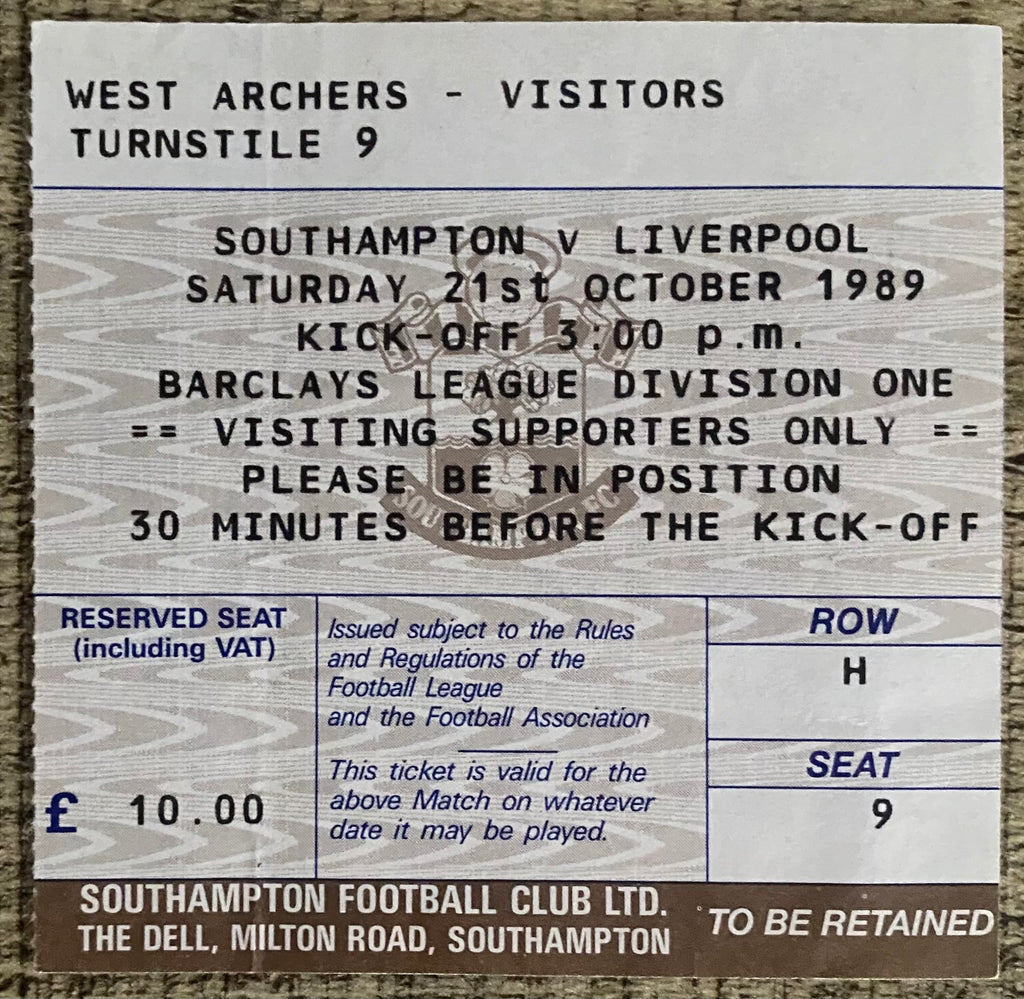 1989/90 ORIGINAL DIVISION ONE TICKET SOUTHAMPTON V LIVERPOOL