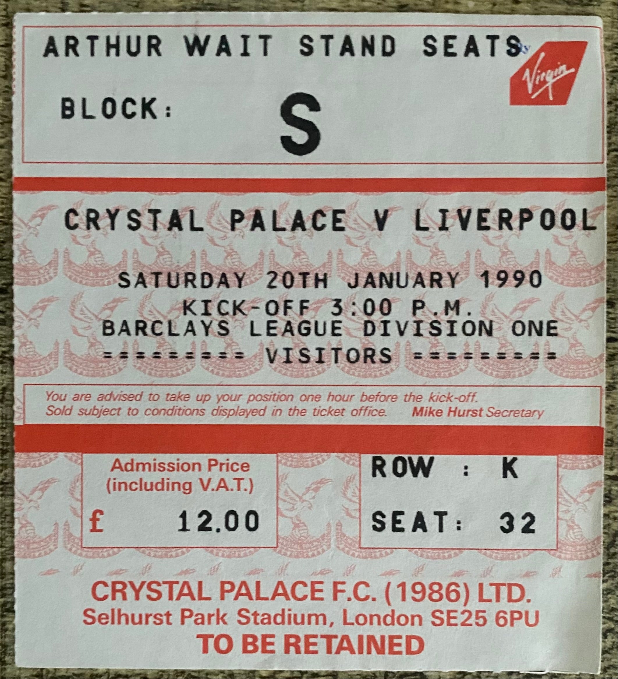 1989/90 ORIGINAL DIVISION ONE TICKET CRYSTAL PALACE V LIVERPOOL