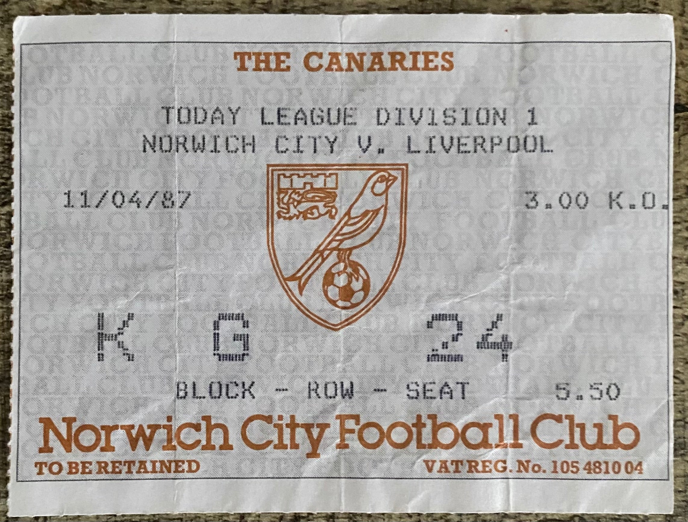 1986/87 ORIGINAL DIVISION ONE TICKET NORWICH CITY V LIVERPOOL