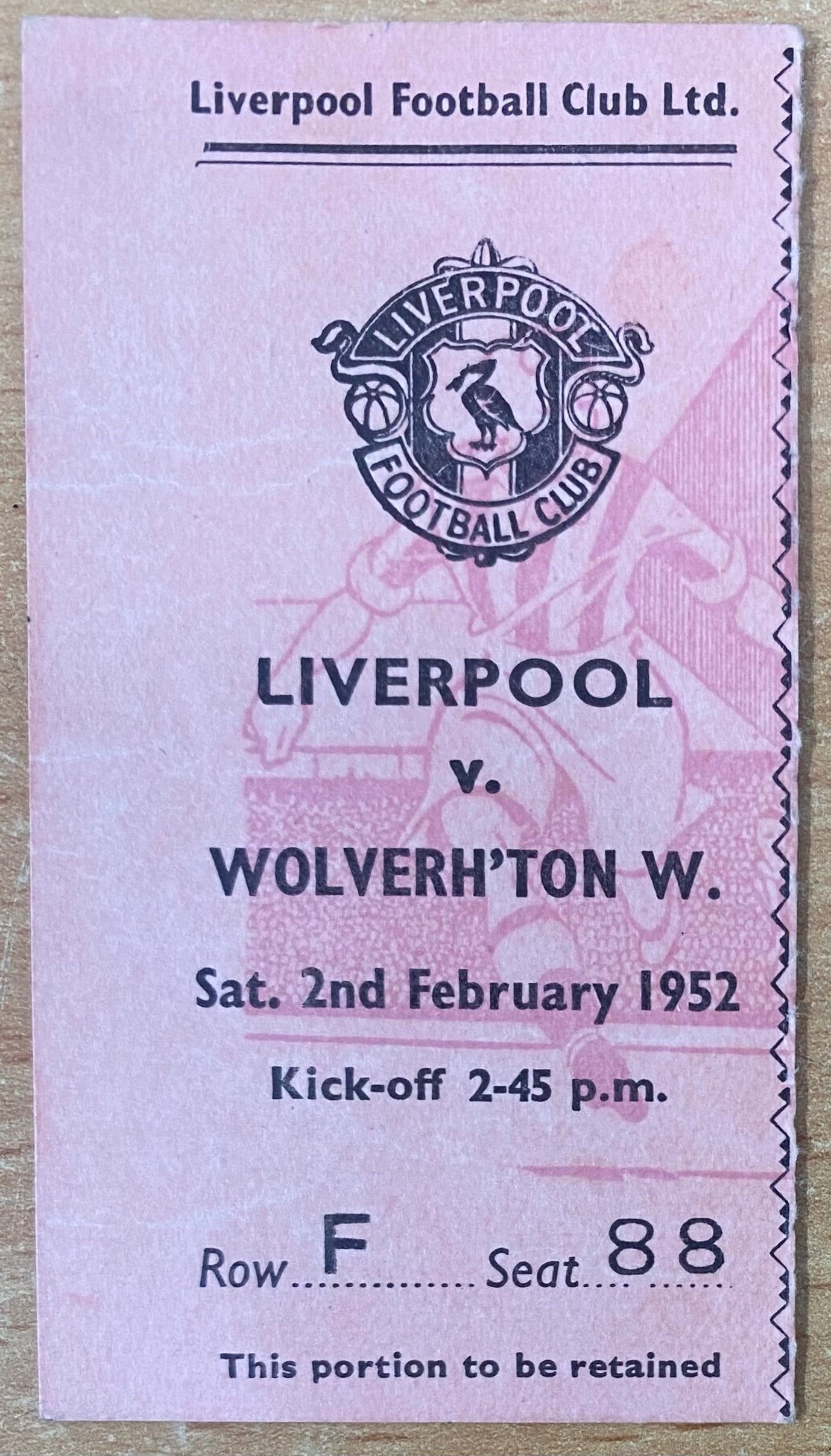 1951/52 ORIGINAL FA CUP 4TH ROUND TICKET LIVERPOOL V WOLVERHAMPTON WANDERERS