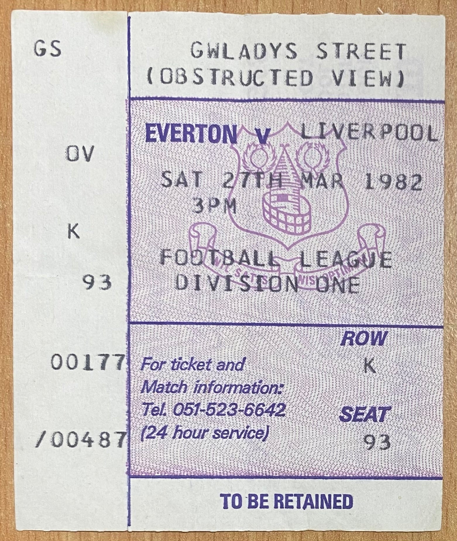 1981/82 ORIGINAL DIVISION ONE TICKET EVERTON V LIVERPOOL