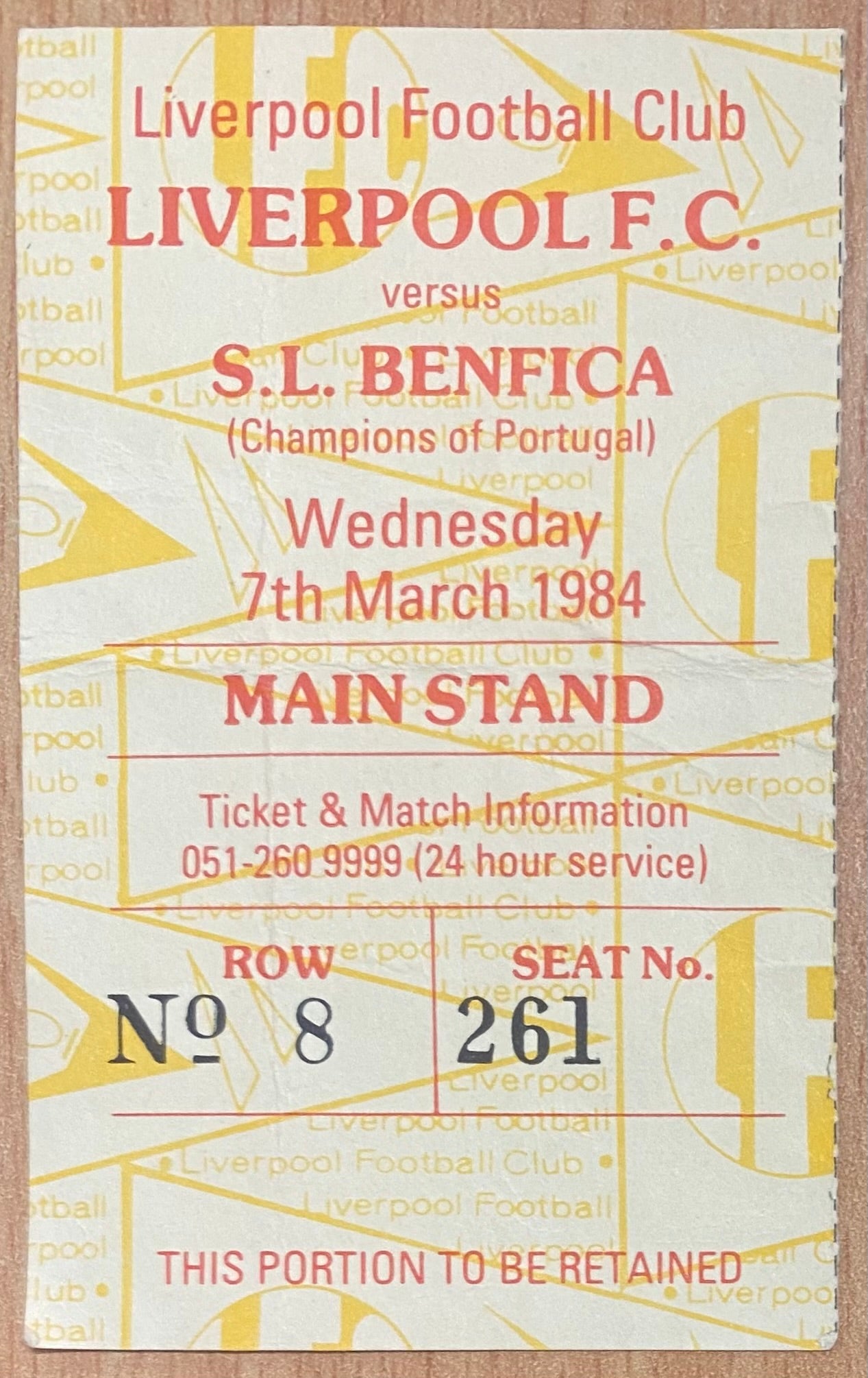 1983/84 ORIGINAL EUROPEAN CUP QUARTER FINAL 1ST LEG TICKET LIVERPOOL V BENFICA