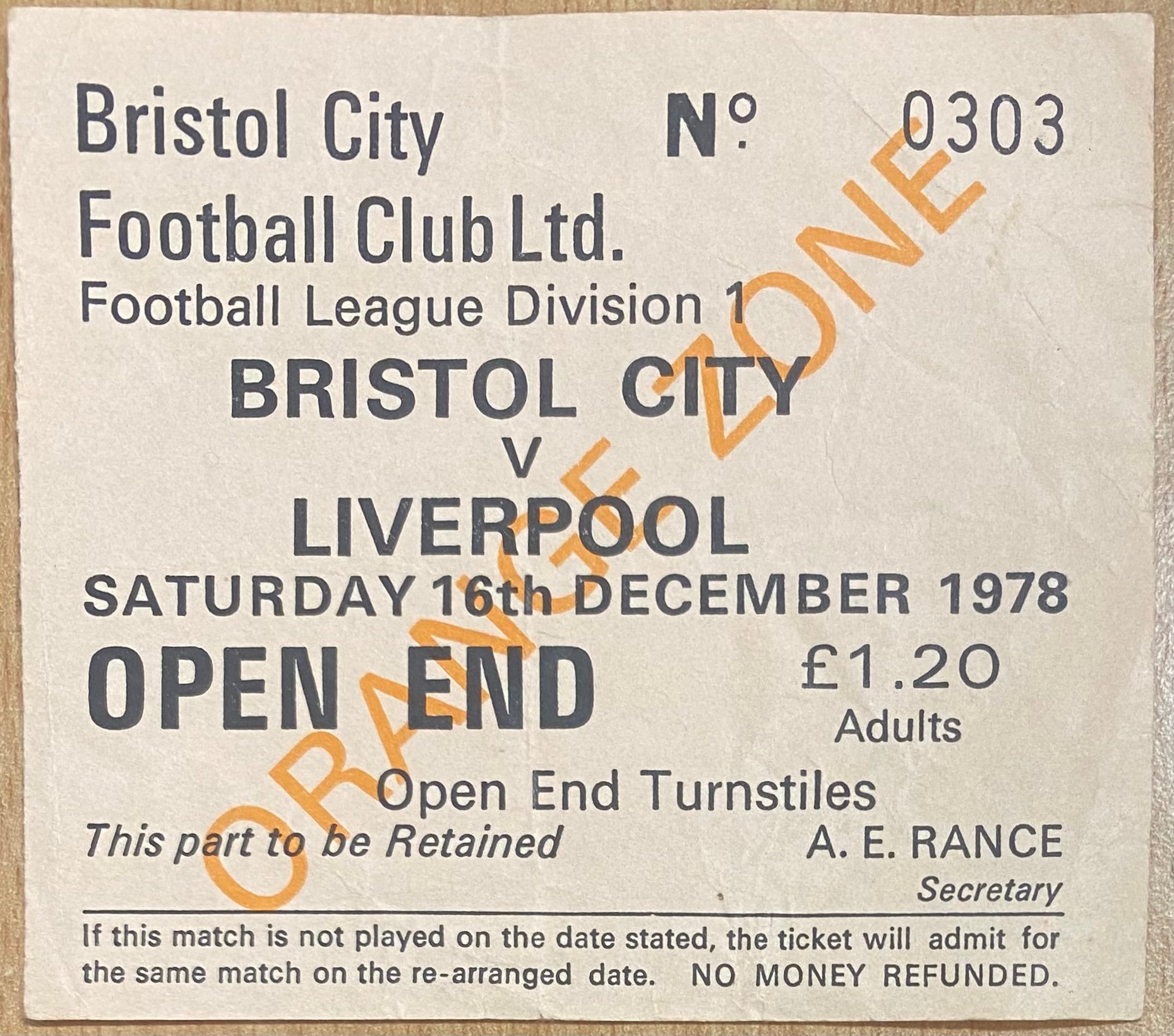 1978/79 ORIGINAL DIVISION ONE TICKET BRISTOL CITY V LIVERPOOL