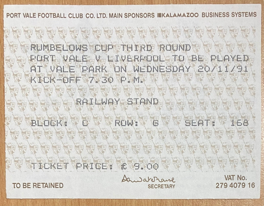 1991/92 ORIGINAL RUMBELOWS CUP 3RD ROUND TICKET PORT VALE V LIVERPOOL