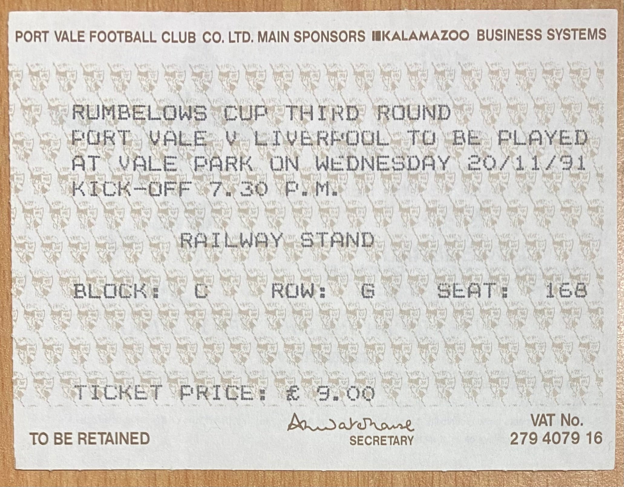 1991/92 ORIGINAL RUMBELOWS CUP 3RD ROUND TICKET PORT VALE V LIVERPOOL